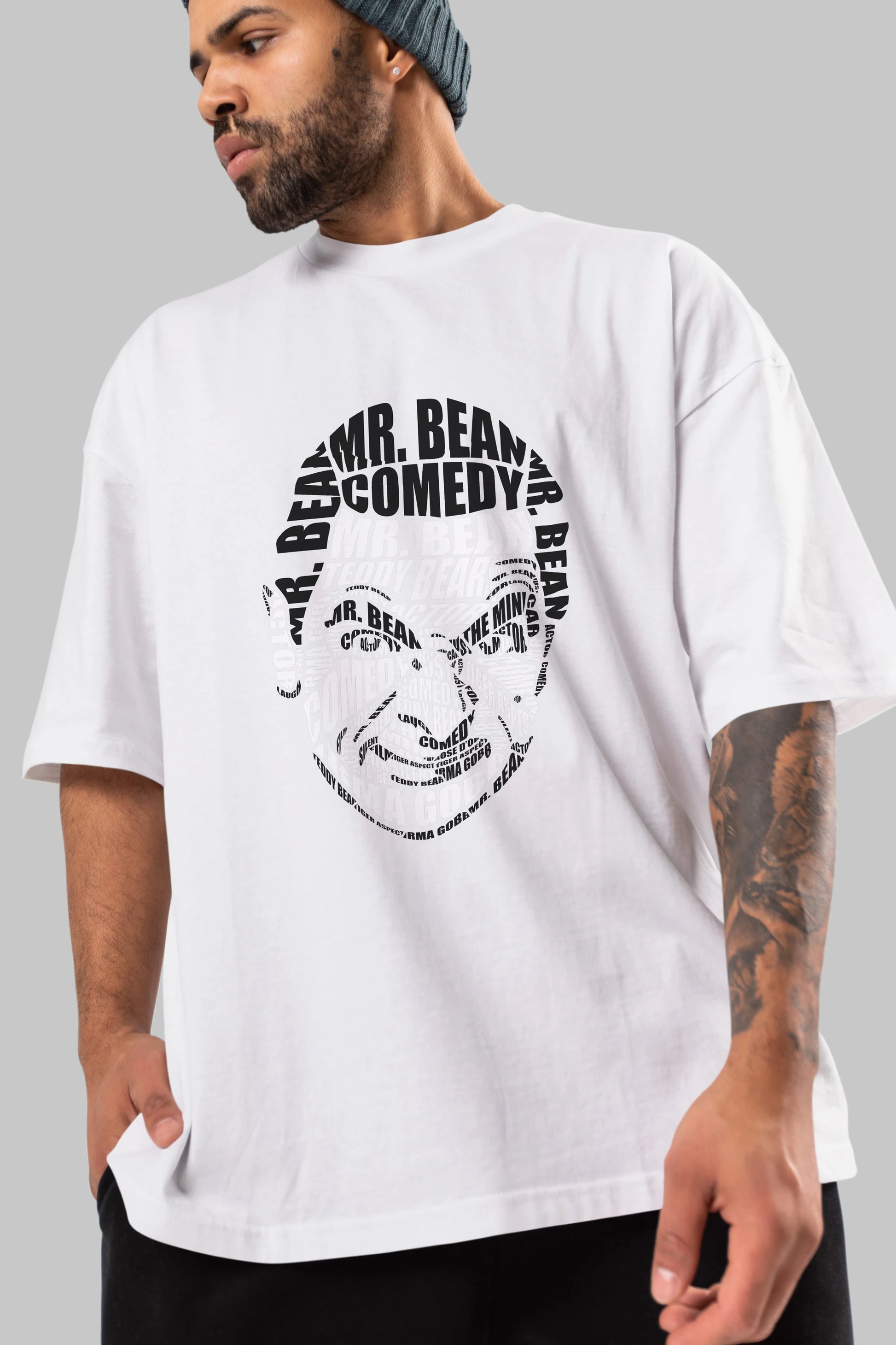 Mr Bean Calligram Ön Baskılı Oversize t-shirt %100 pamuk Erkek Kadın Unisex