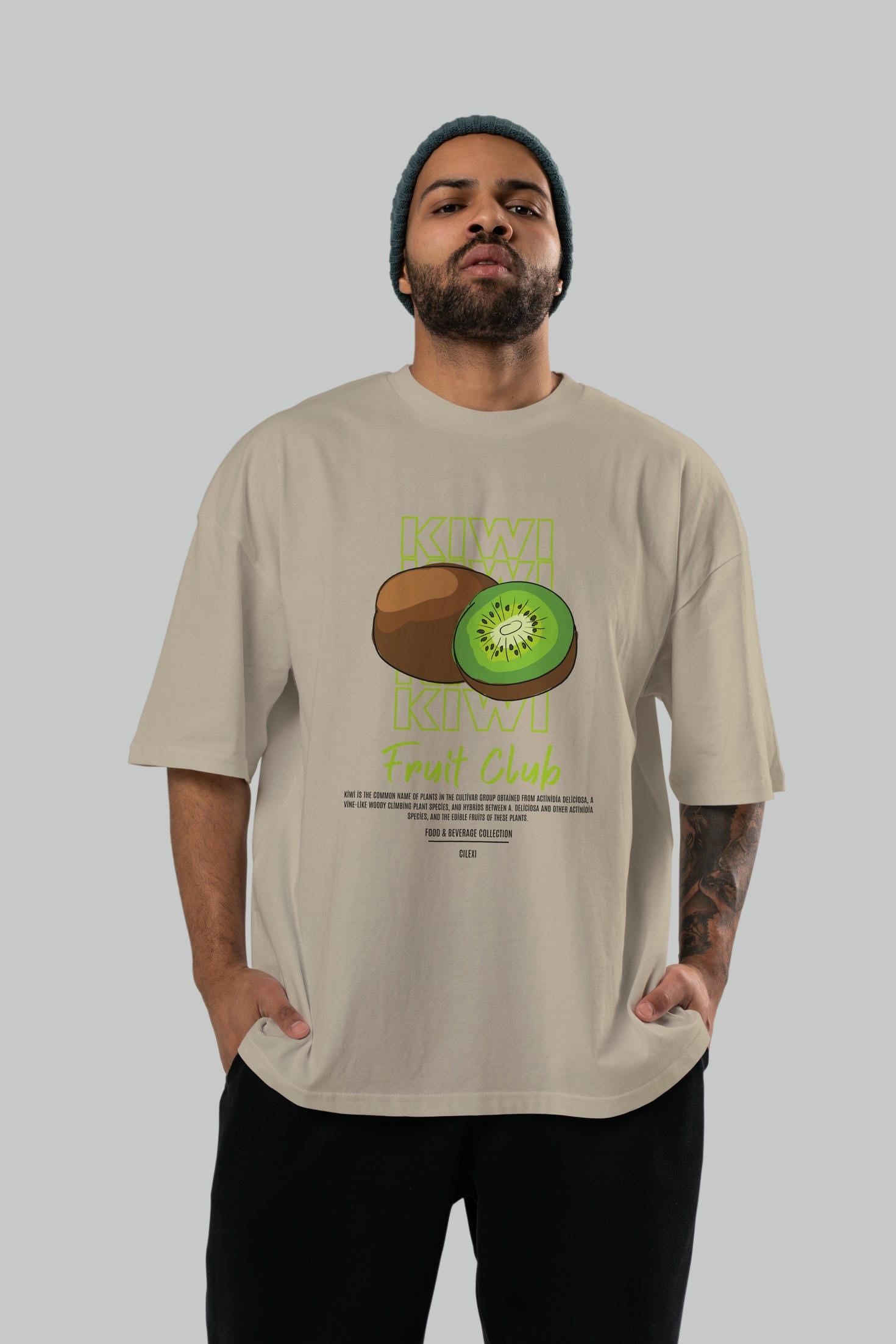Kiwi Ön Baskılı Oversize t-shirt Erkek Kadın Pamuk Bisiklet Yaka tişort