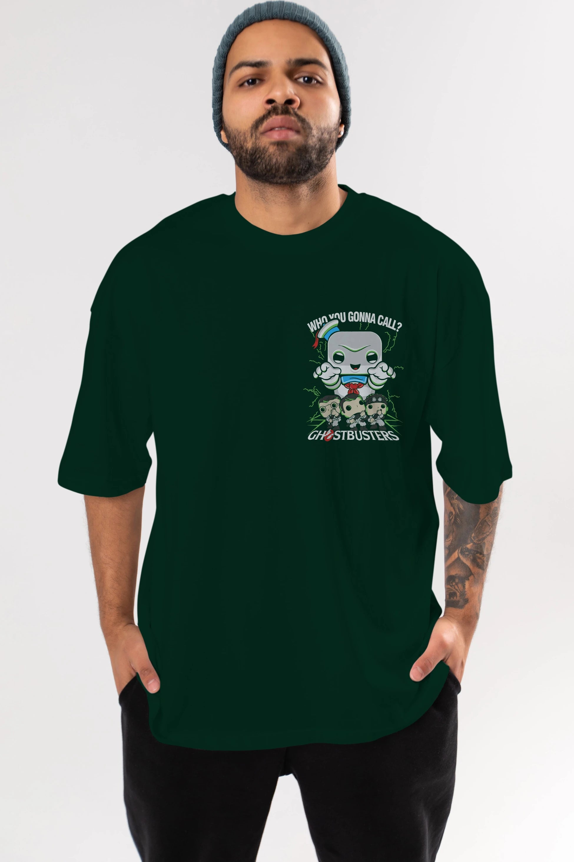 Ghostbusters Ön Sol Baskılı Oversize t-shirt Erkek Kadın Unisex %100 Pamuk Bisiklet Yaka tişort