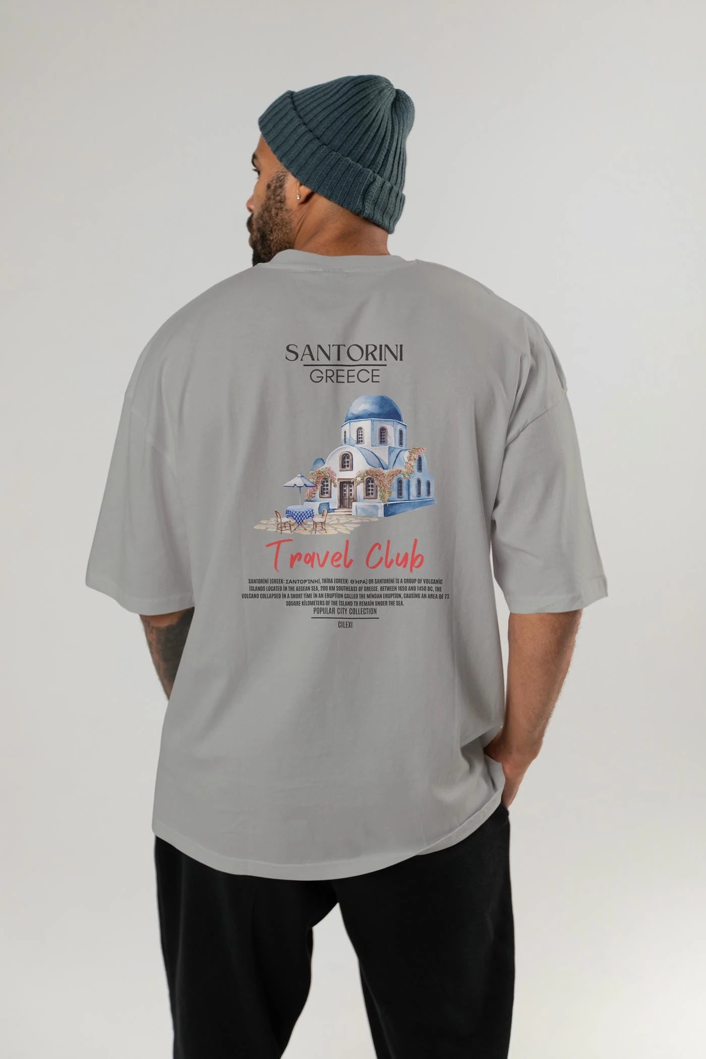 Santorini Greece Arka Baskılı Oversize t-shirt Erkek Kadın Pamuk Bisiklet Yaka tişort