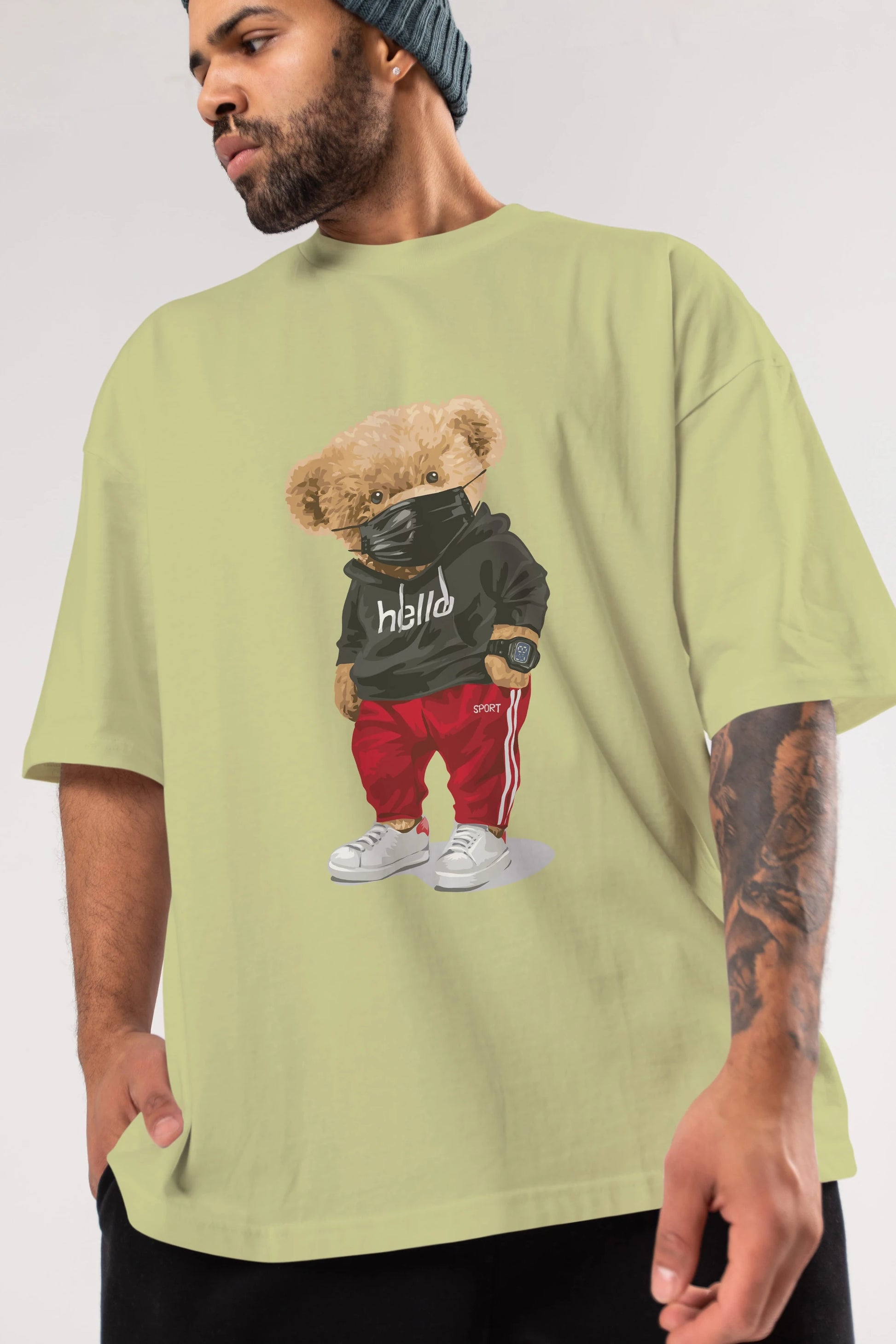 Teddy Bear Hello Sport Ön Baskılı Oversize t-shirt Erkek Kadın Unisex %100 Pamuk