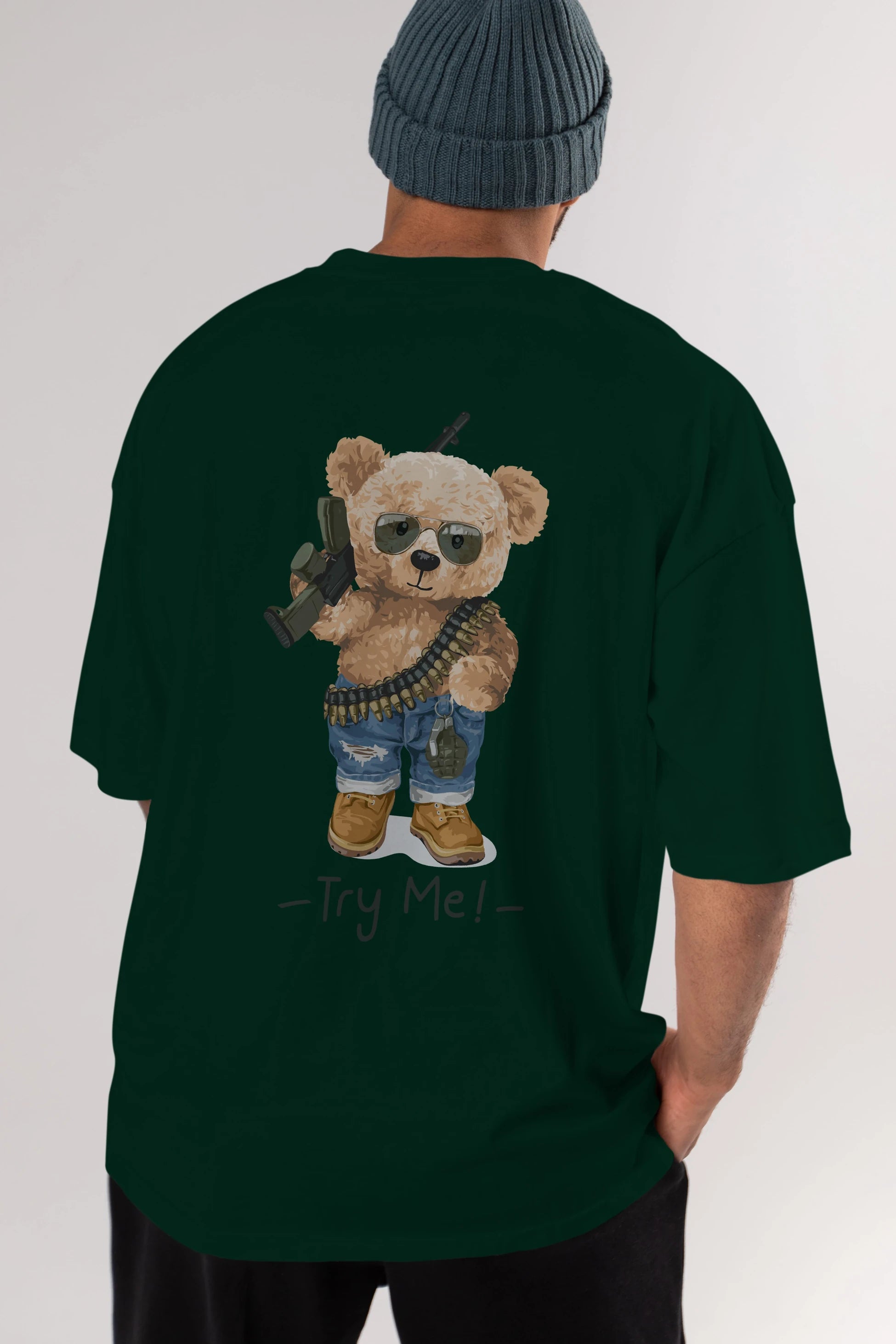 Teddy Bear Try Me Arka Baskılı Oversize t-shirt Erkek Kadın Unisex %100 Pamuk