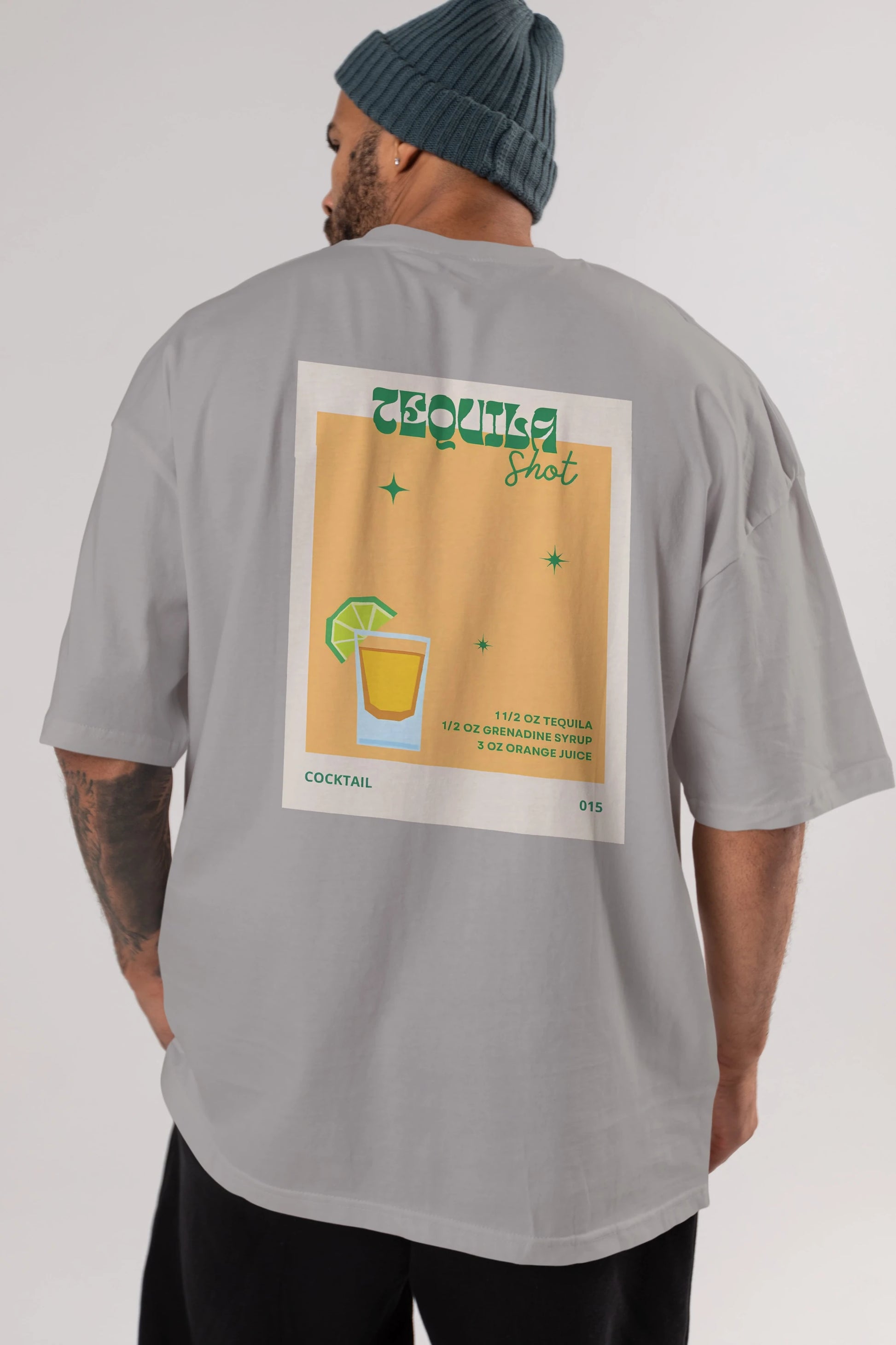 Tequila Shot 2 Arka Baskılı Oversize t-shirt Erkek Kadın Unisex %100 Pamuk Bisiklet Yaka tişort