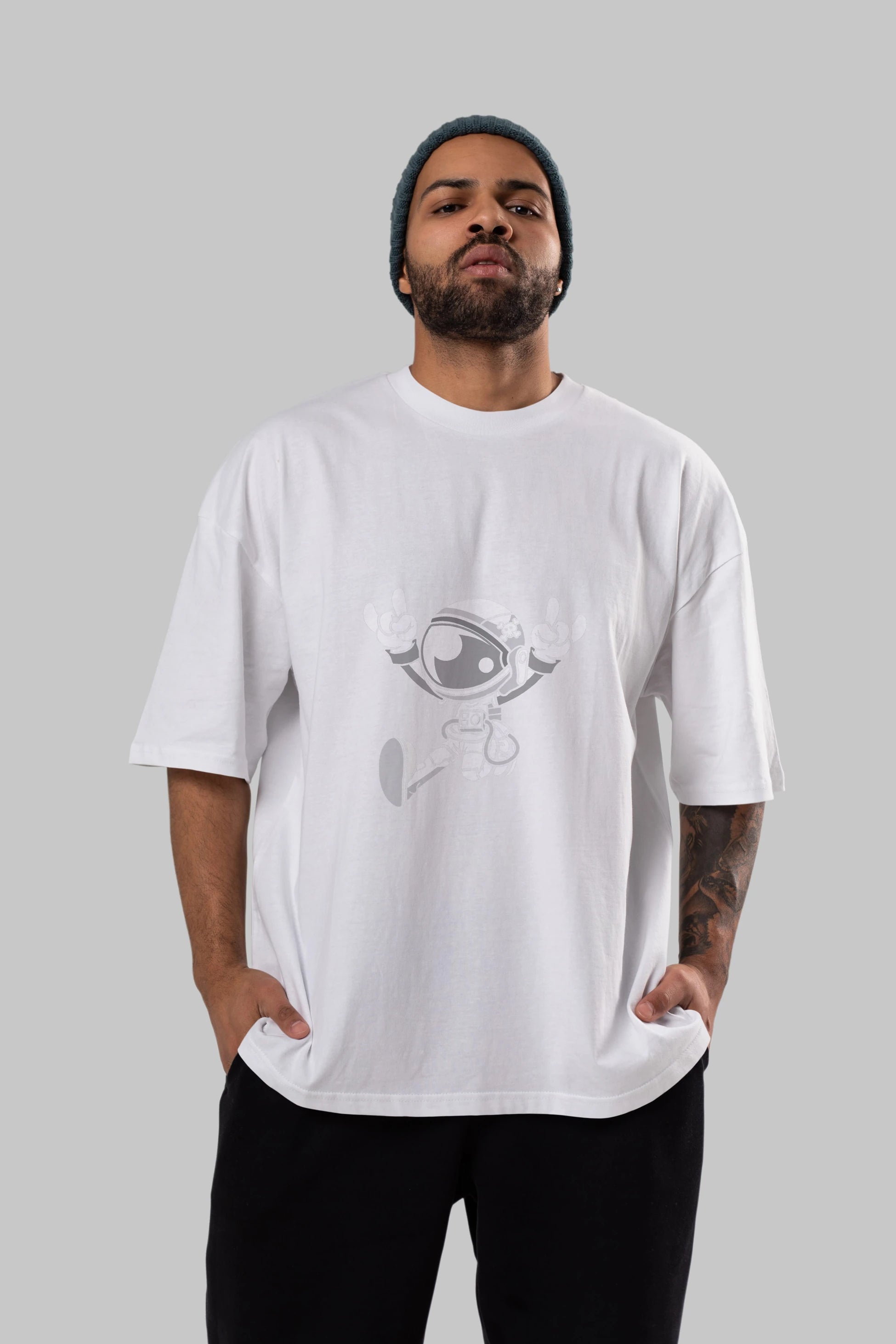Astronaut Metal Ön Baskılı Oversize t-shirt Erkek Kadın Unisex %100 Pamuk tişort