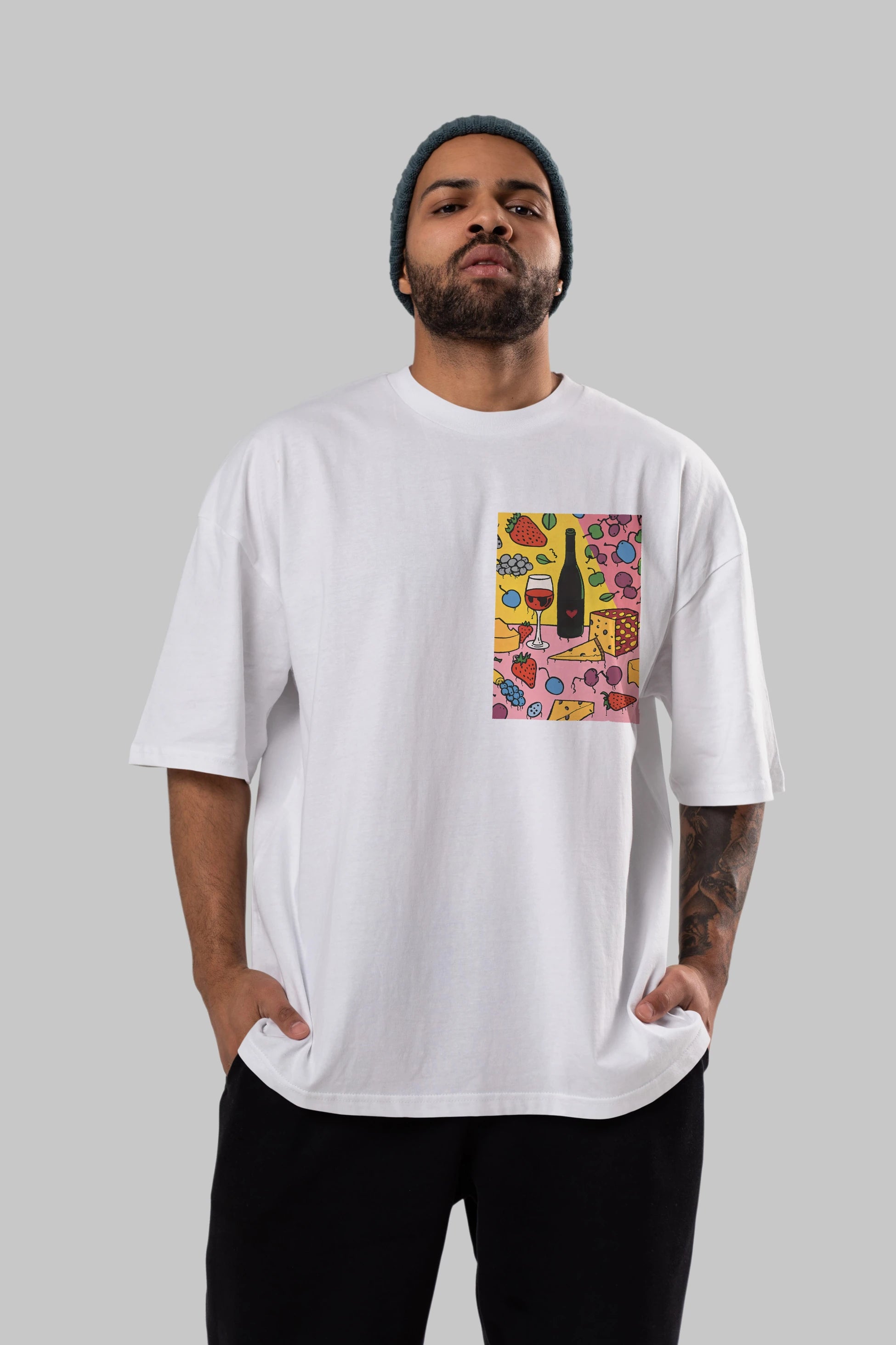 Wine Cheese Fruits Ön Sol Baskılı Oversize t-shirt Erkek Kadın Unisex %100 Pamuk Bisiklet Yaka tişort