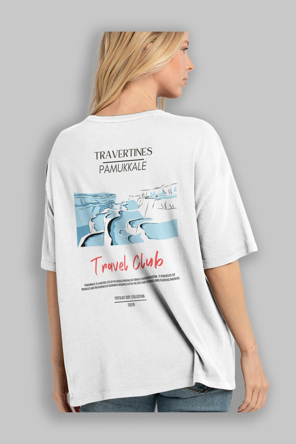 Travertines Pamukkale Arka Baskılı Oversize t-shirt Erkek Kadın Pamuk Bisiklet Yaka tişort