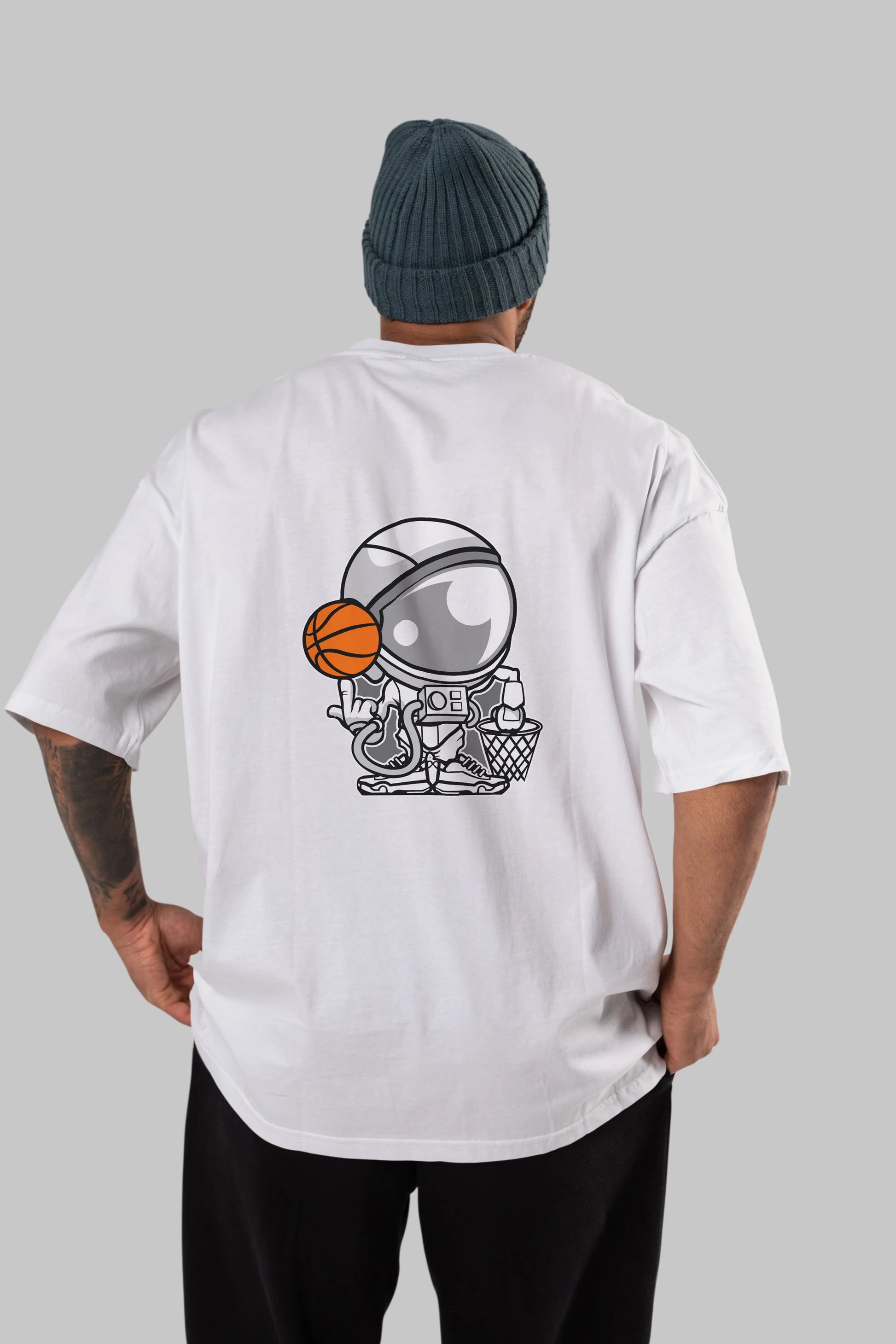 Astronaut Basketball Arka Baskılı Oversize t-shirt Erkek Kadın Unisex %100 Pamuk tişort