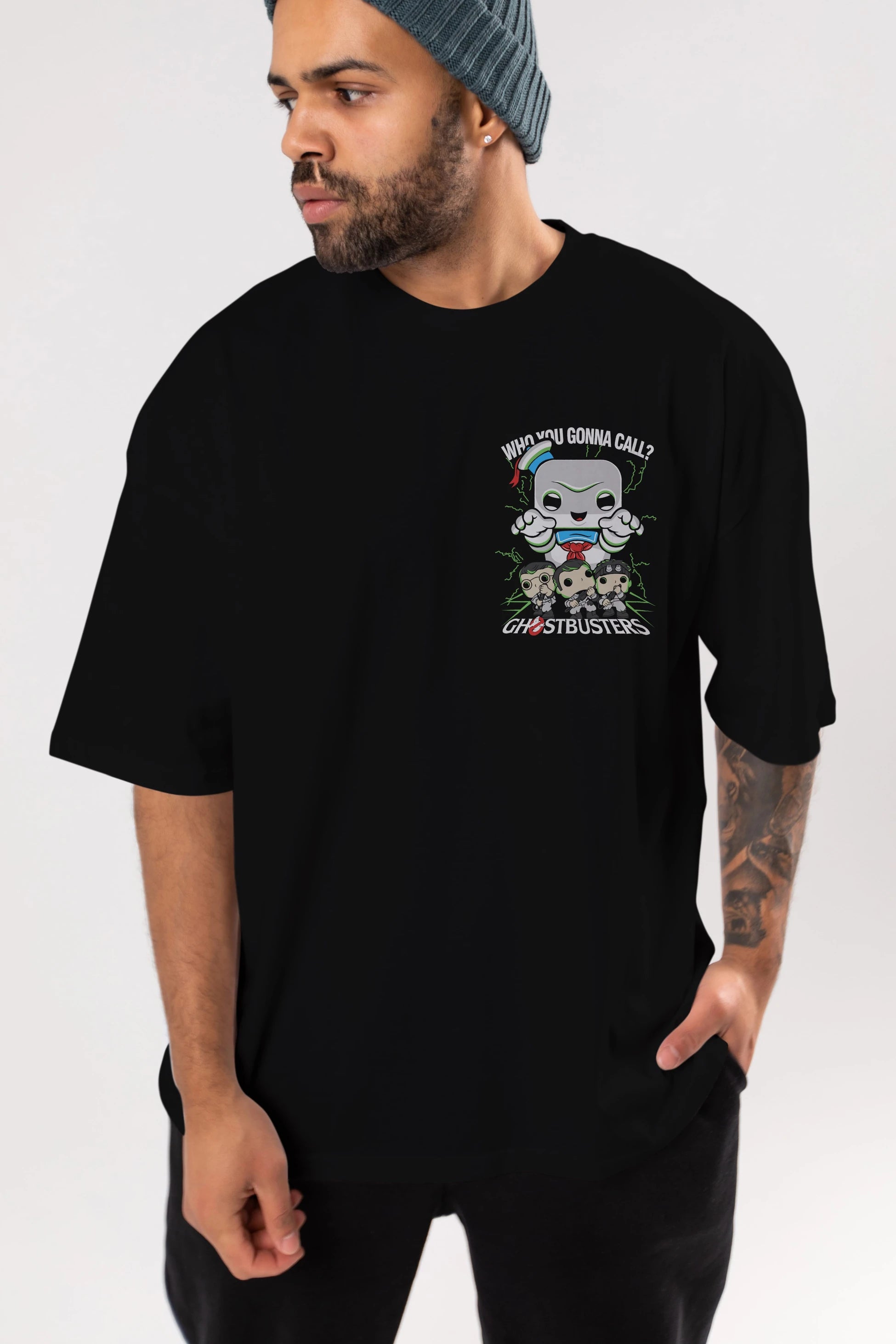 Ghostbusters Ön Sol Baskılı Oversize t-shirt Erkek Kadın Unisex %100 Pamuk Bisiklet Yaka tişort