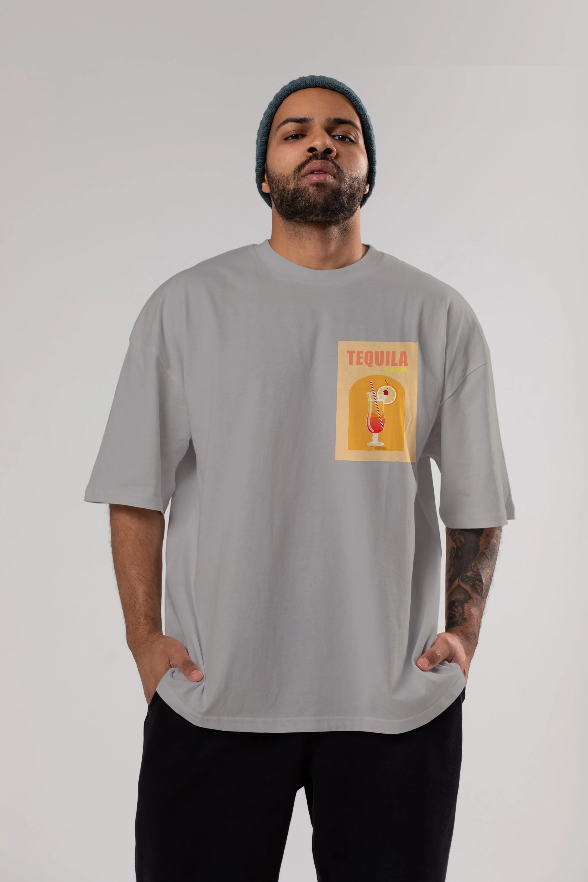 Tequila Sunrise Ön Sol Baskılı Oversize t-shirt Erkek Kadın Unisex %100 Pamuk Bisiklet Yaka tişort