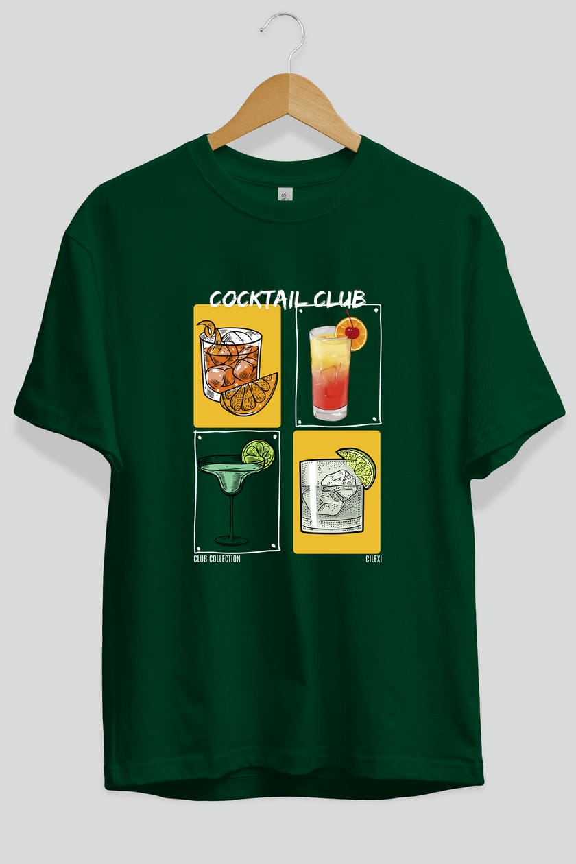 Cocktail Club ön Baskılı Oversize t-shirt Erkek Kadın %100 Pamuk Bisiklet Yaka tişort