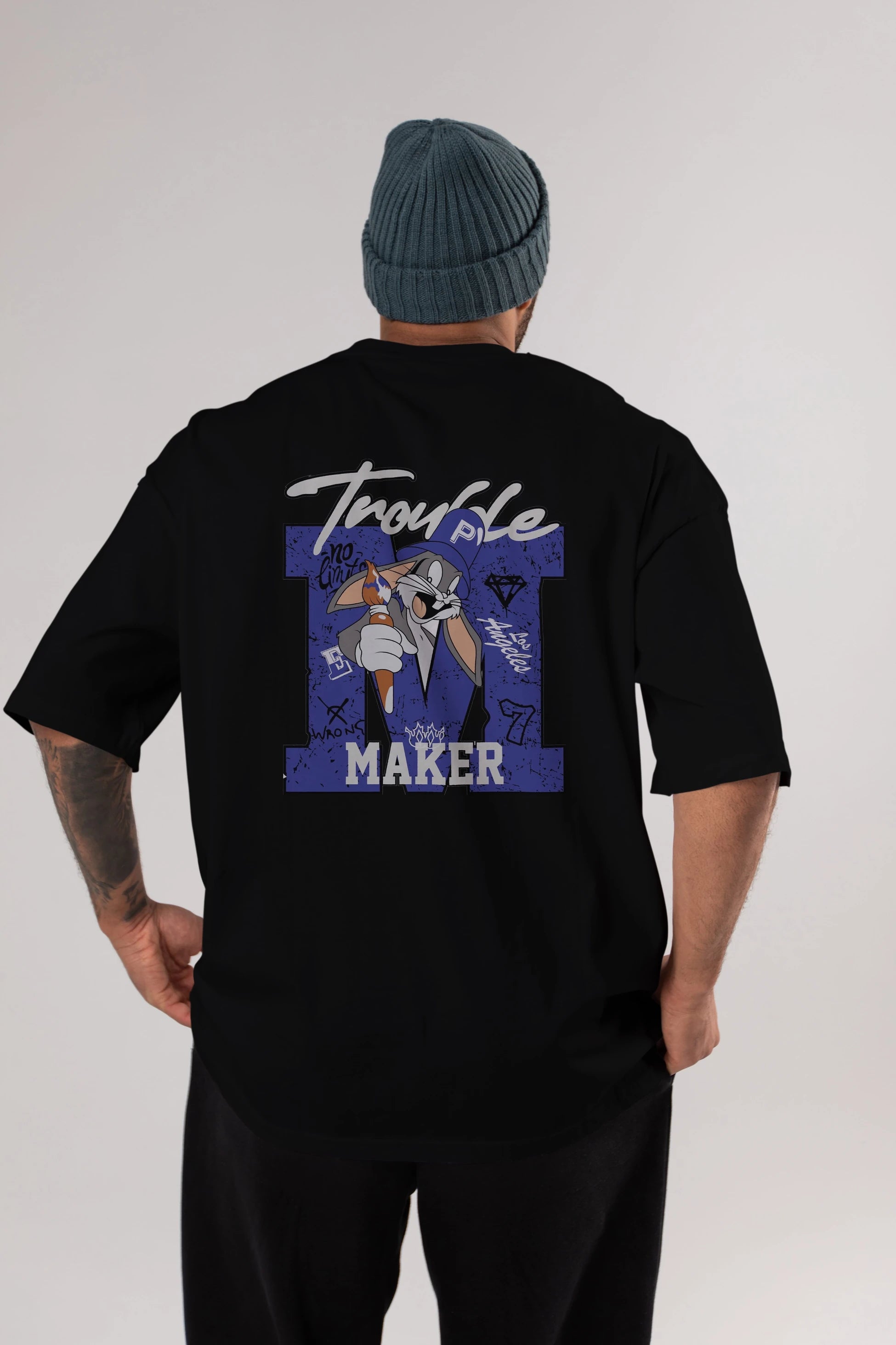 Bugs Bunny Arka Baskılı Oversize t-shirt Erkek Kadın Unisex %100 Pamuk Bisiklet Yaka tişort