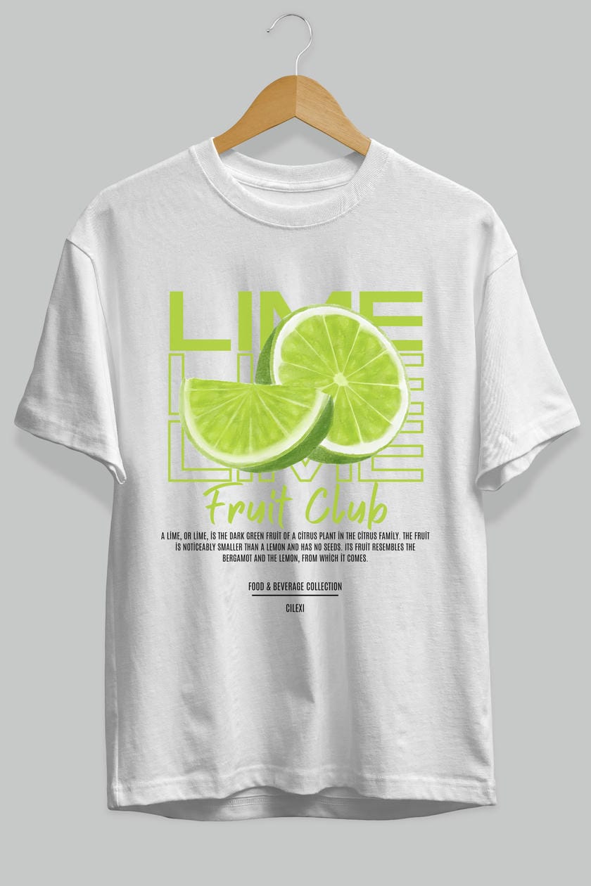 Lime Ön Baskılı Oversize t-shirt Erkek Kadın Pamuk Bisiklet Yaka tişort