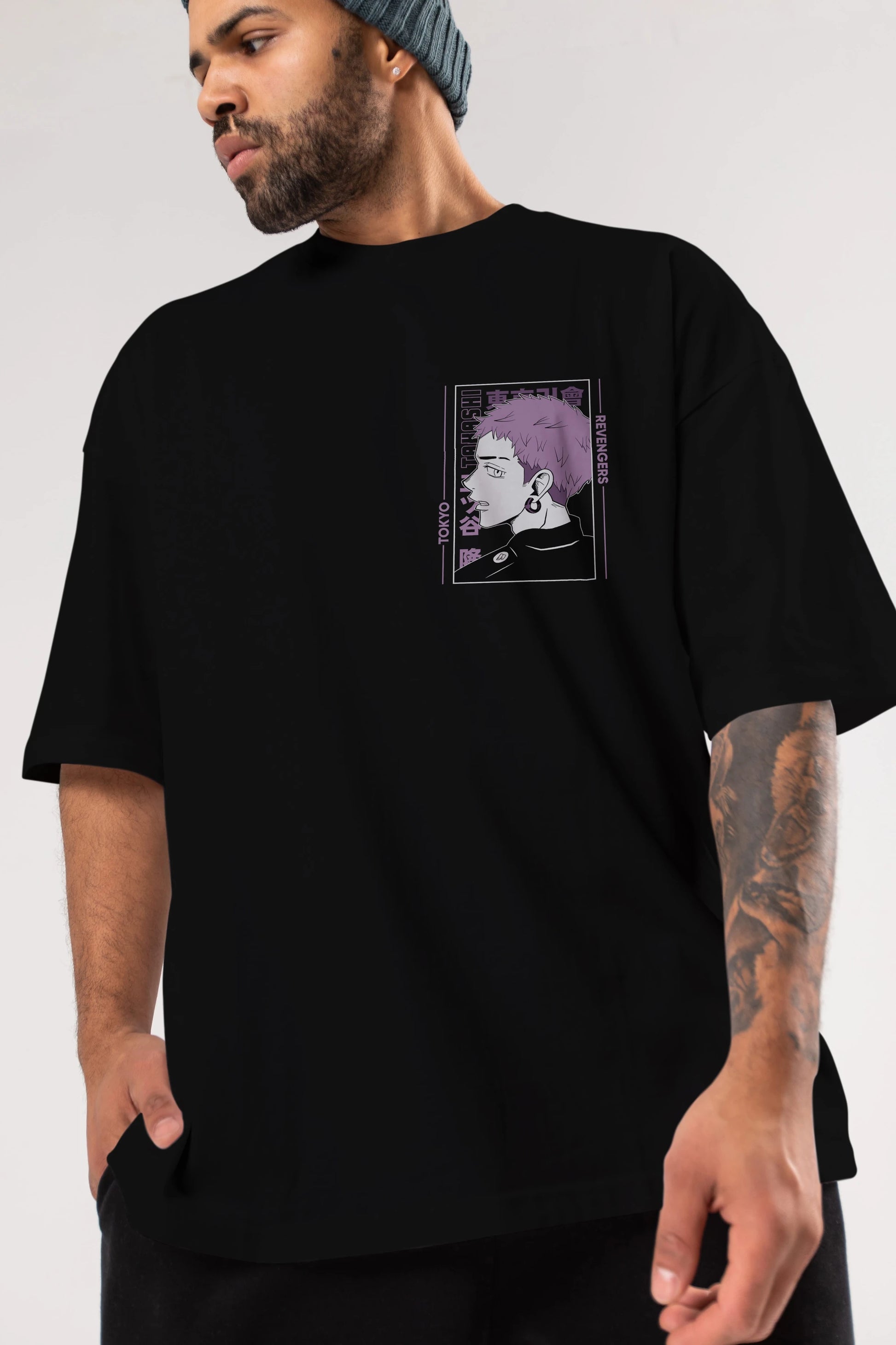 Takashi Mitsuya Ön Sol Baskılı Oversize t-shirt Erkek Kadın Unisex %100 Pamuk Bisiklet Yaka tişort