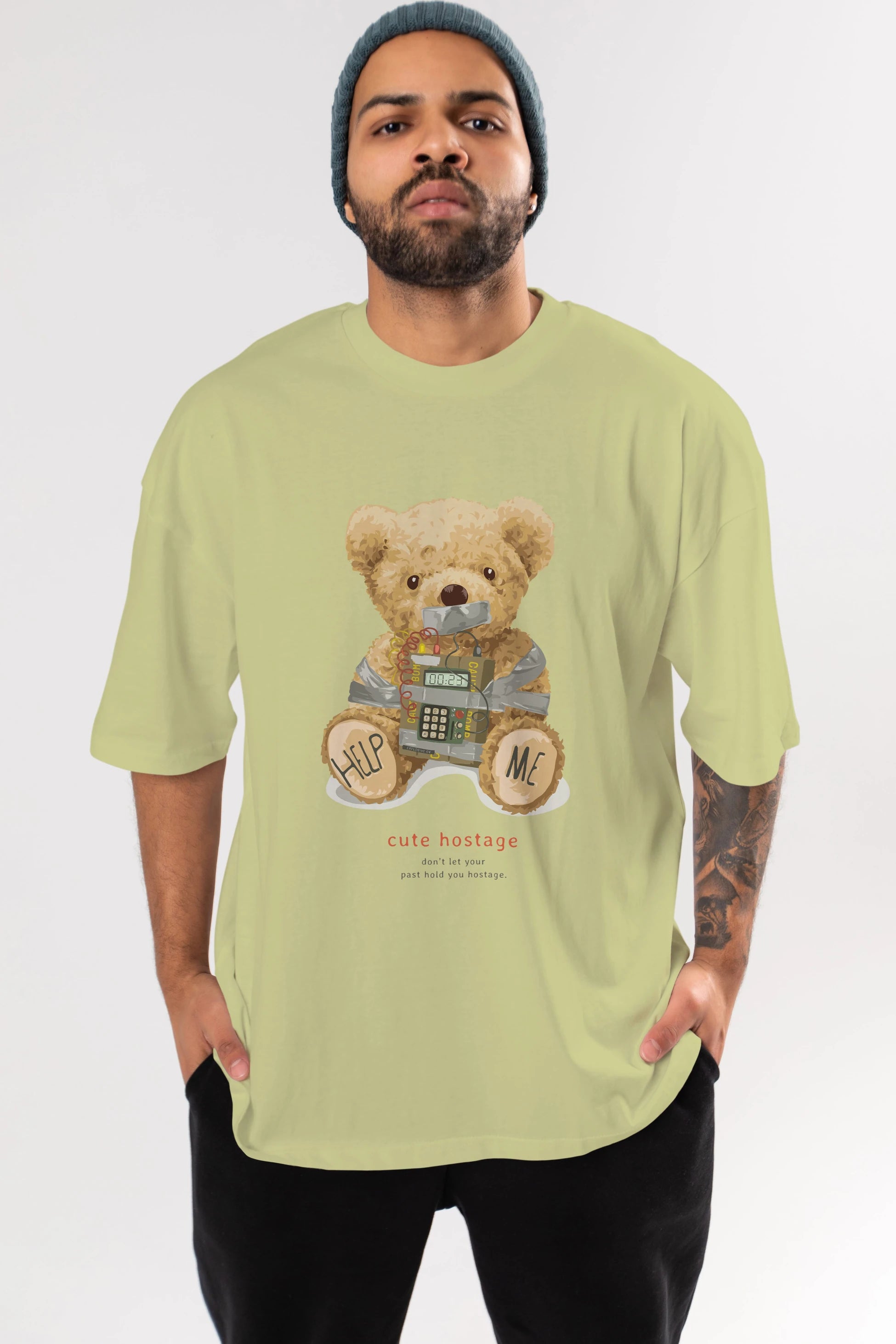 Teddy Bear Help Me Ön Baskılı Oversize t-shirt Erkek Kadın Unisex %100 Pamuk