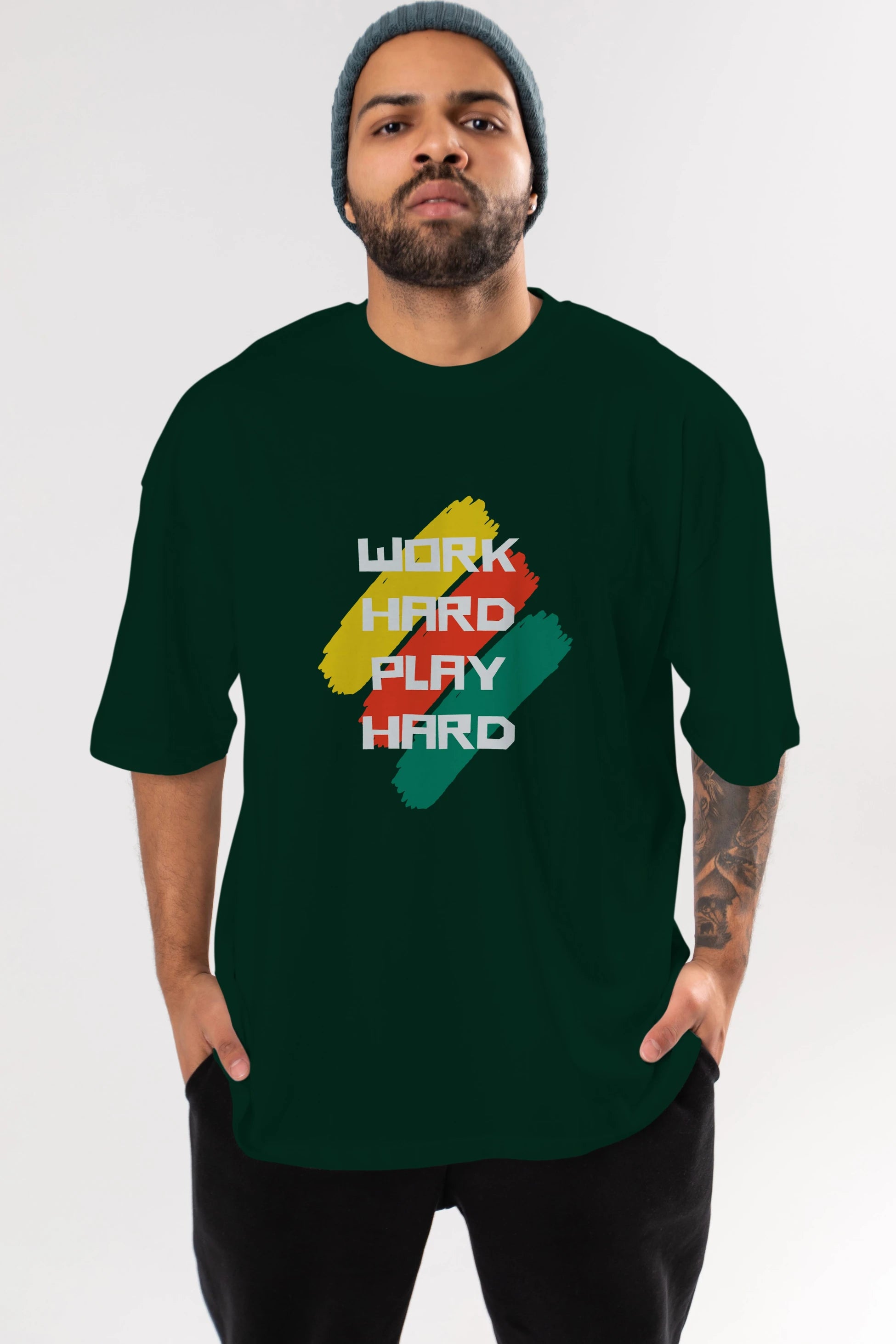 Work Hard Play Hard 2 Ön Baskılı Oversize t-shirt Erkek Kadın Unisex