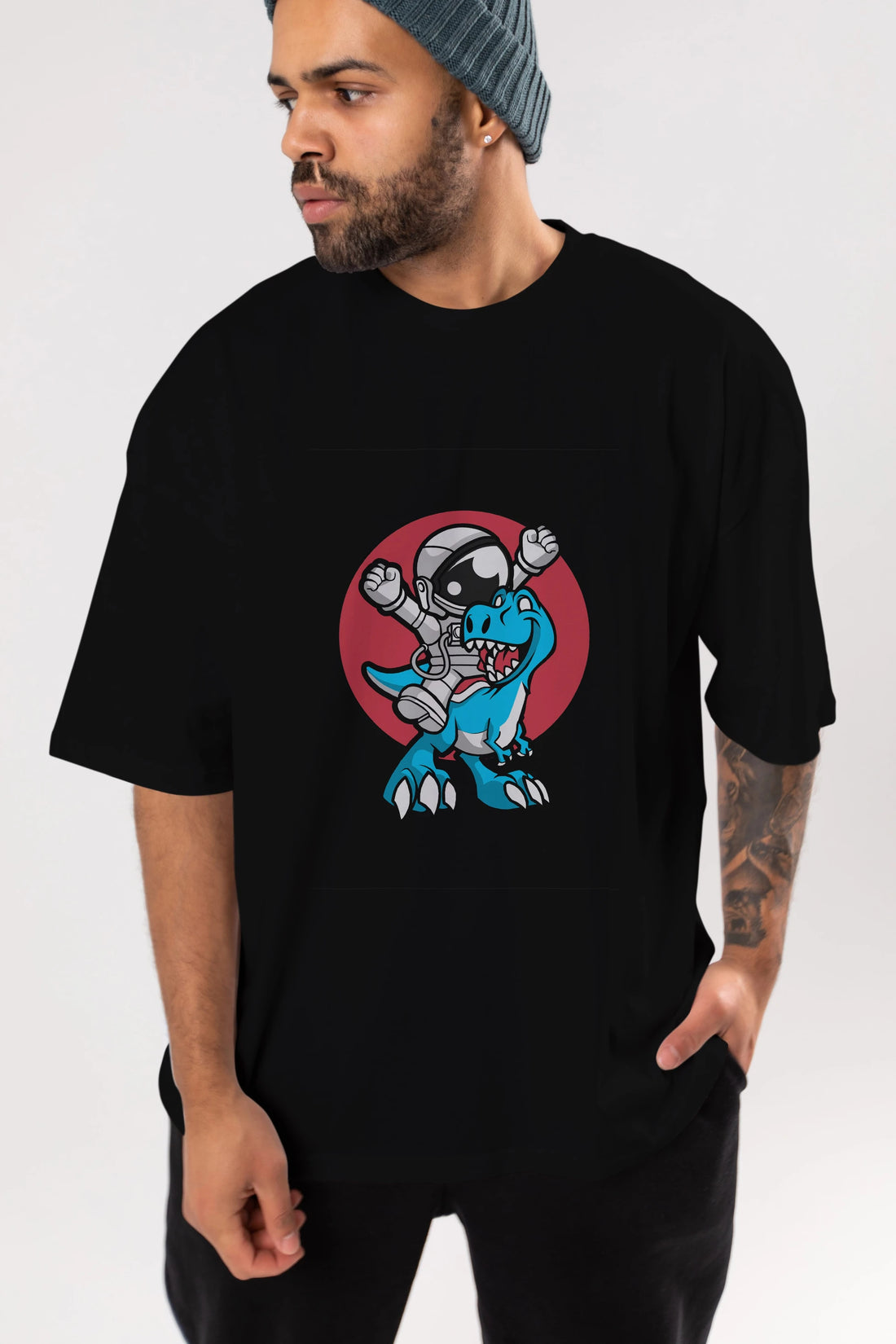 Astronaut Dino Ön Baskılı Oversize t-shirt Erkek Kadın Unisex %100 Pamuk tişort