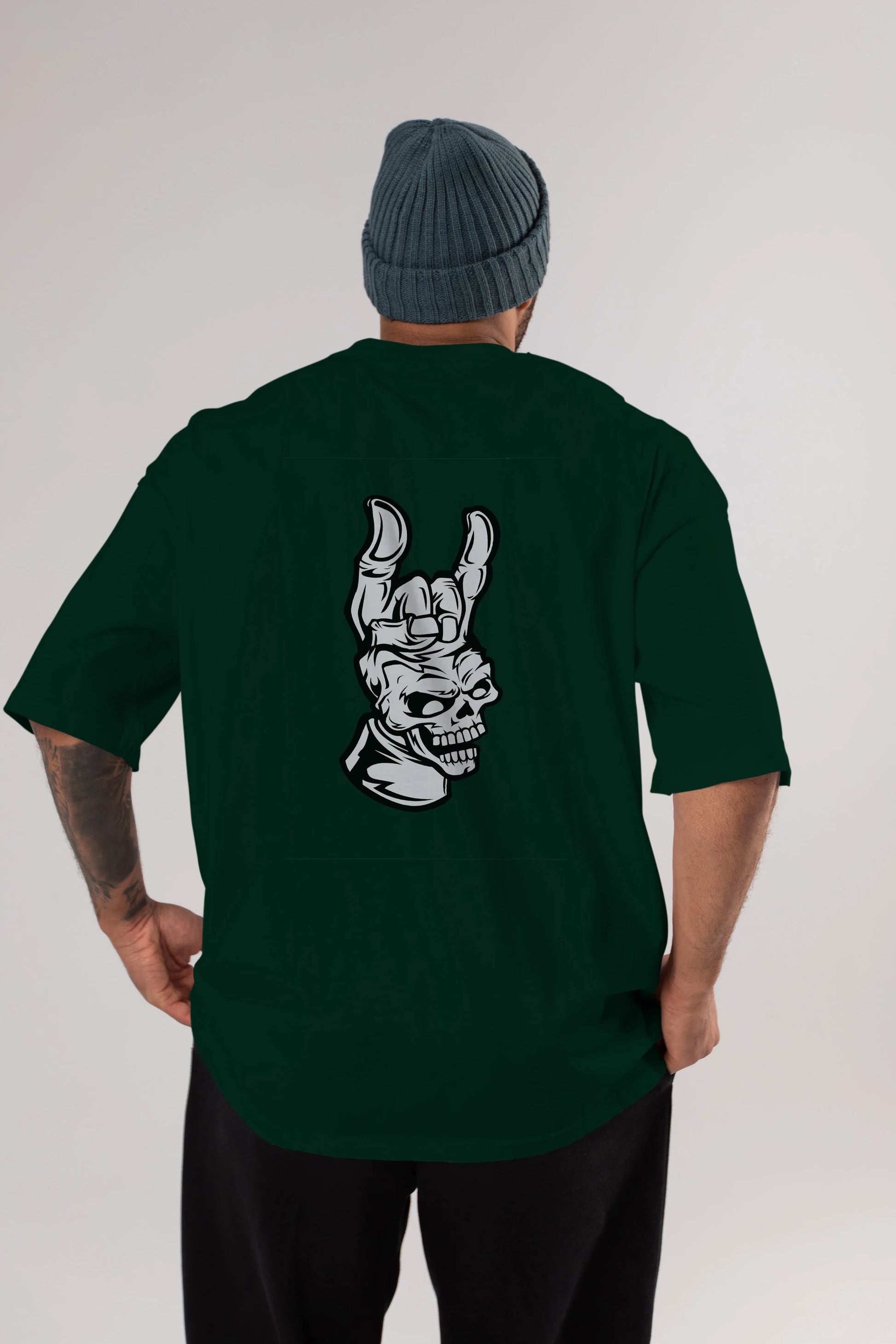 Hand Metal Skull Arka Baskılı Oversize t-shirt Erkek Kadın Unisex %100 Pamuk tişort