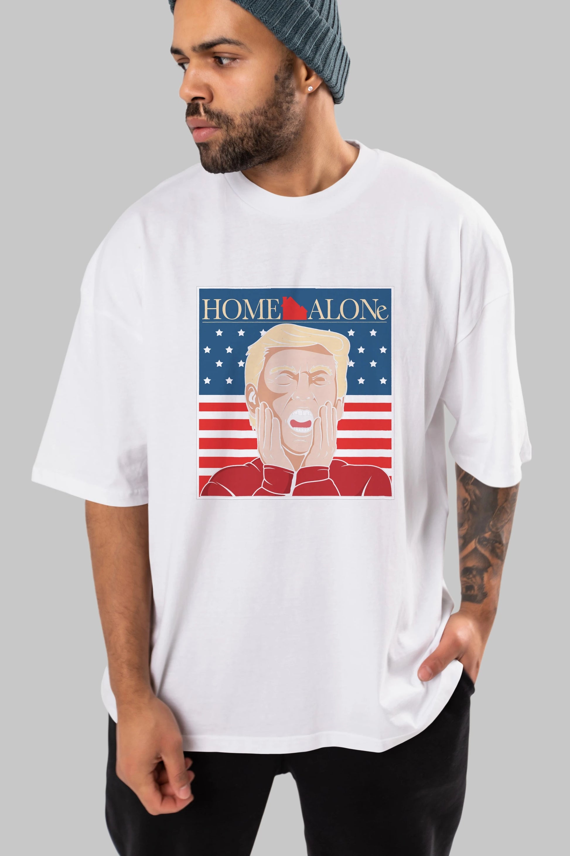 Home Alone Trump Ön Baskılı Oversize t-shirt Erkek Kadın Unisex %100 Pamuk tişort