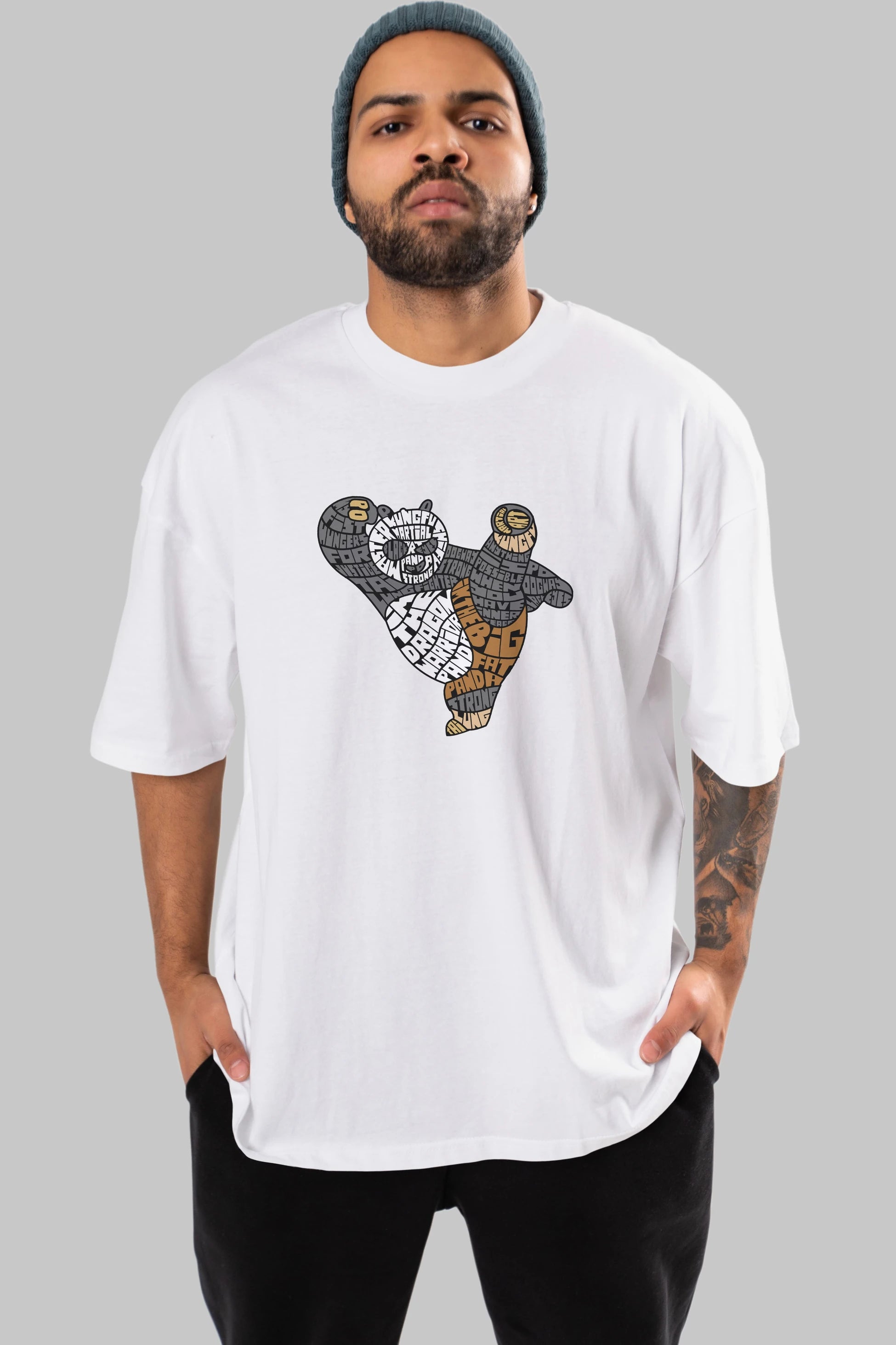 Warrior Panda Ön Baskılı Oversize t-shirt %100 pamuk Erkek Kadın Unisex