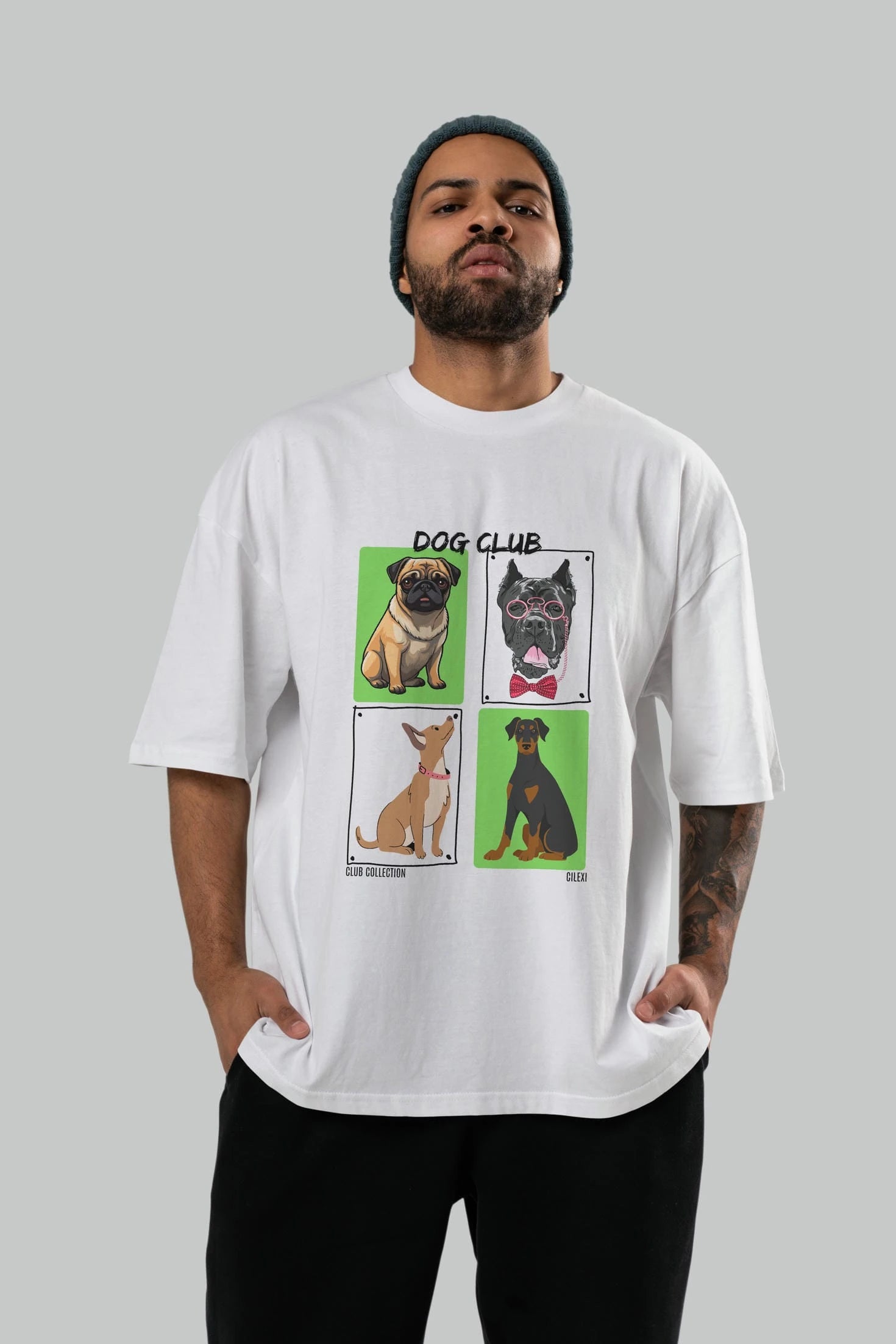 Dog Club ön Baskılı Oversize t-shirt Erkek Kadın %100 Pamuk Bisiklet Yaka tişort