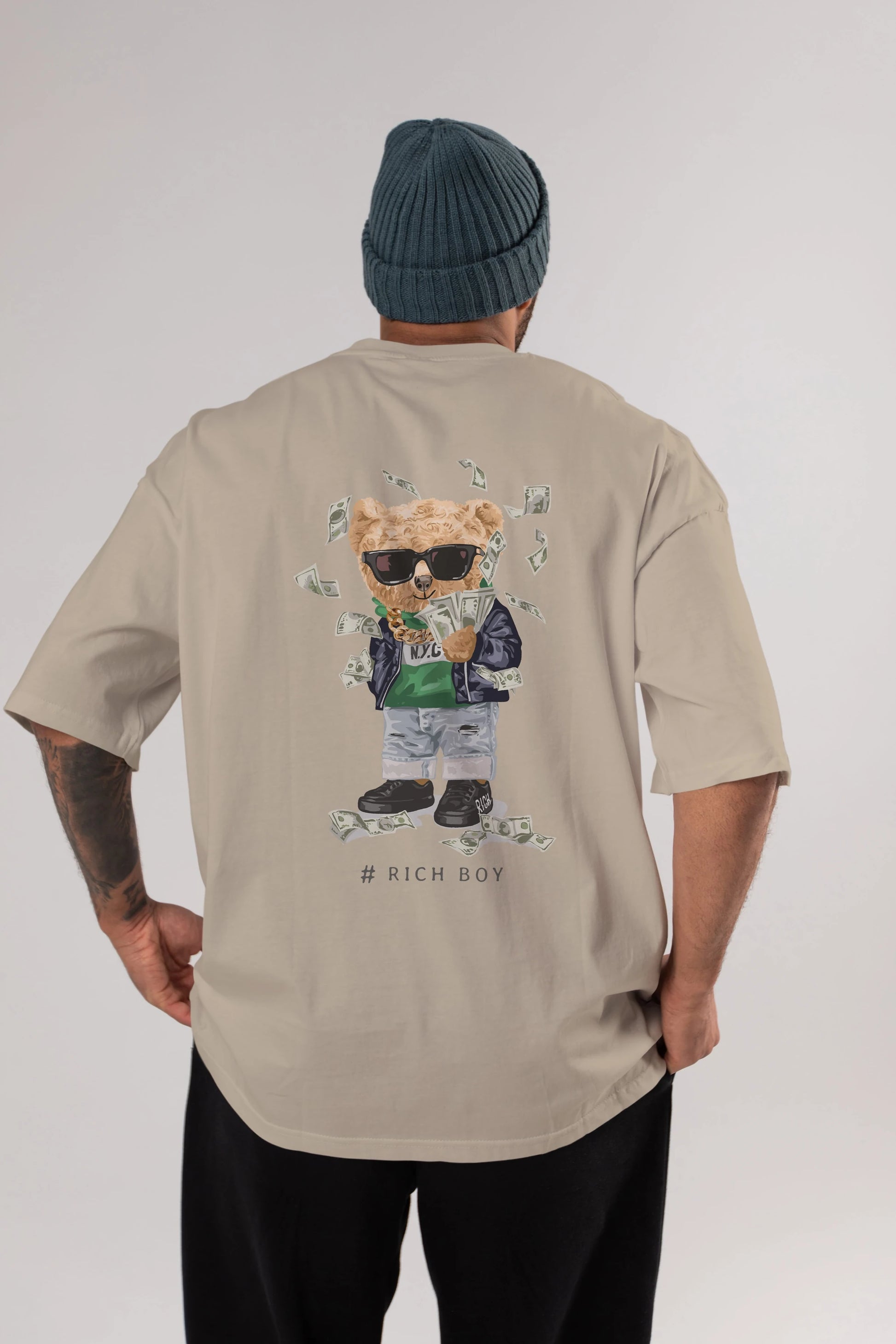Teddy Bear Rich Boy Arka Baskılı Oversize t-shirt Erkek Kadın Unisex %100 Pamuk