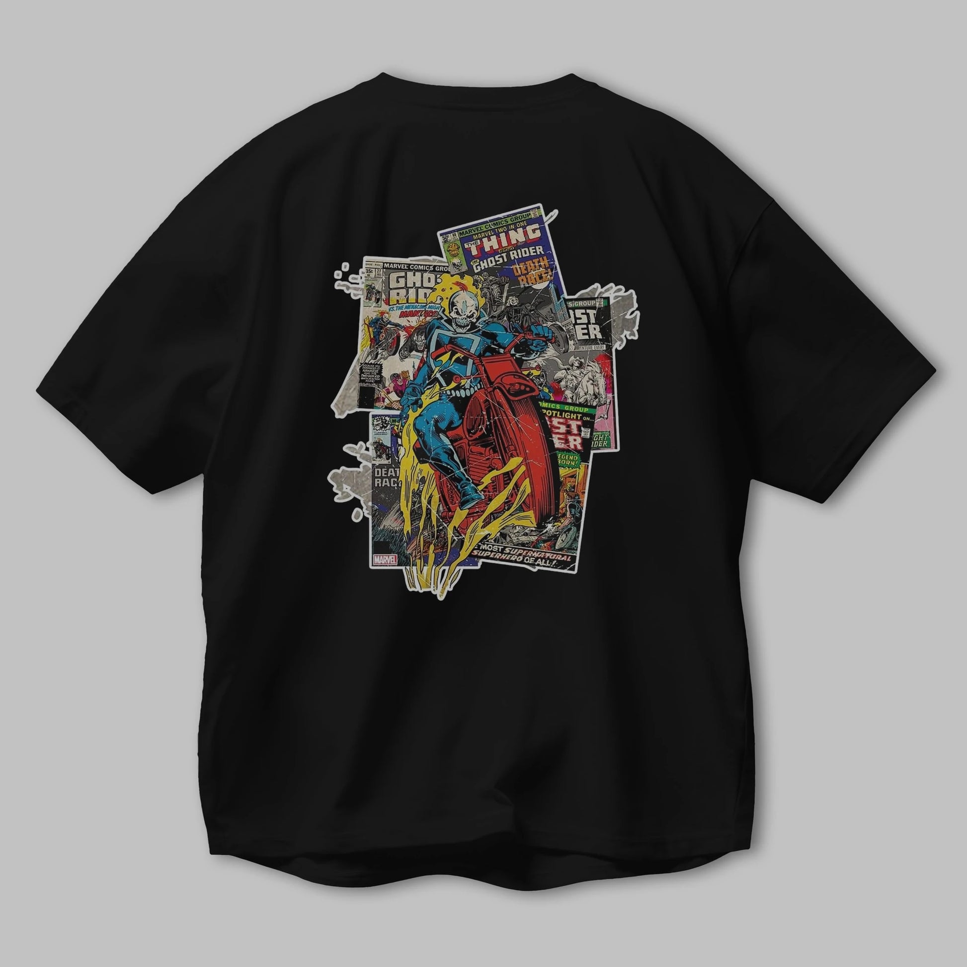 Ghost Rider Arka Baskılı Oversize t-shirt Erkek Kadın Unisex %100 Pamuk Bisiklet Yaka tişort