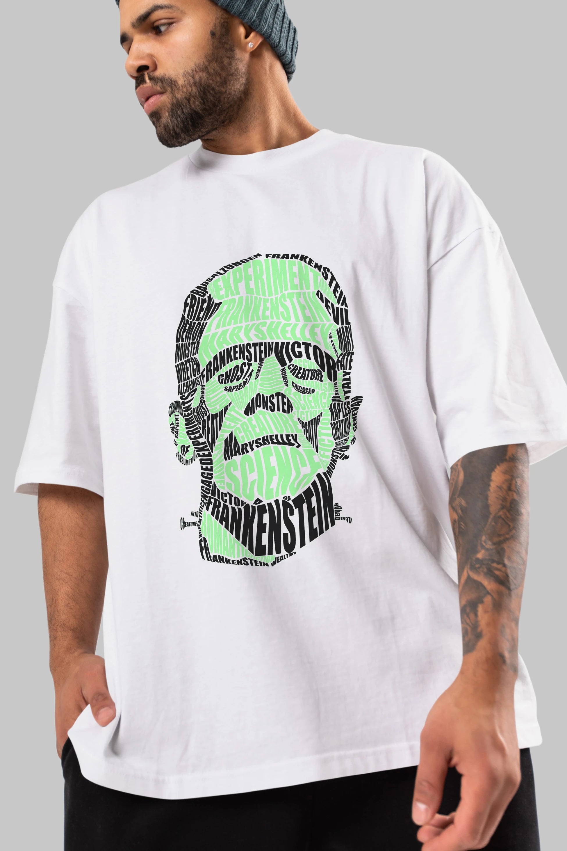 Frankenstein Calligram Ön Baskılı Oversize t-shirt %100 pamuk Erkek Kadın Unisex