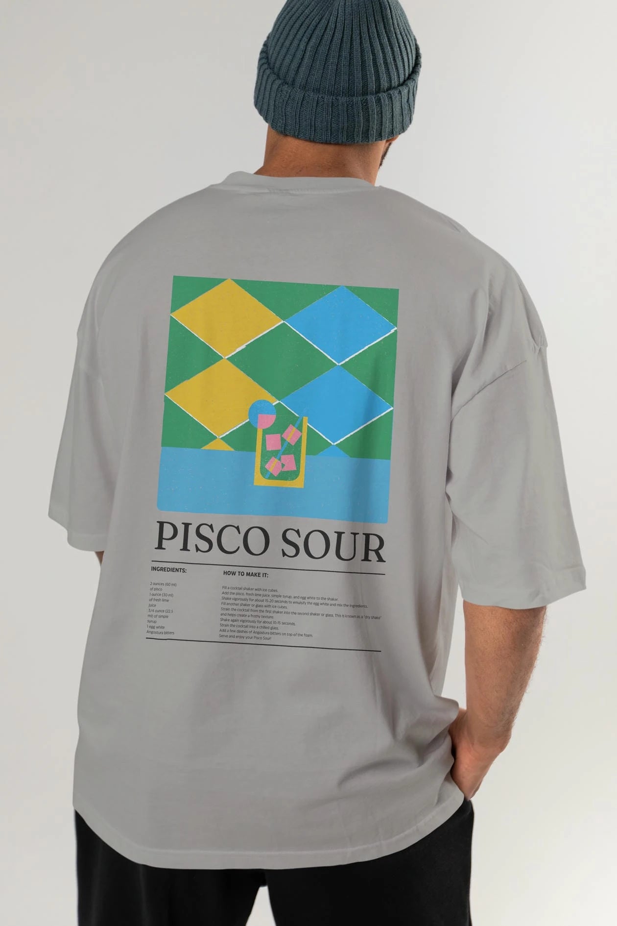 Pisco Sour Kokteyl Serisi Arka Baskılı Oversize t-shirt Erkek Kadın %100 Pamuk Bisiklet Yaka tişort