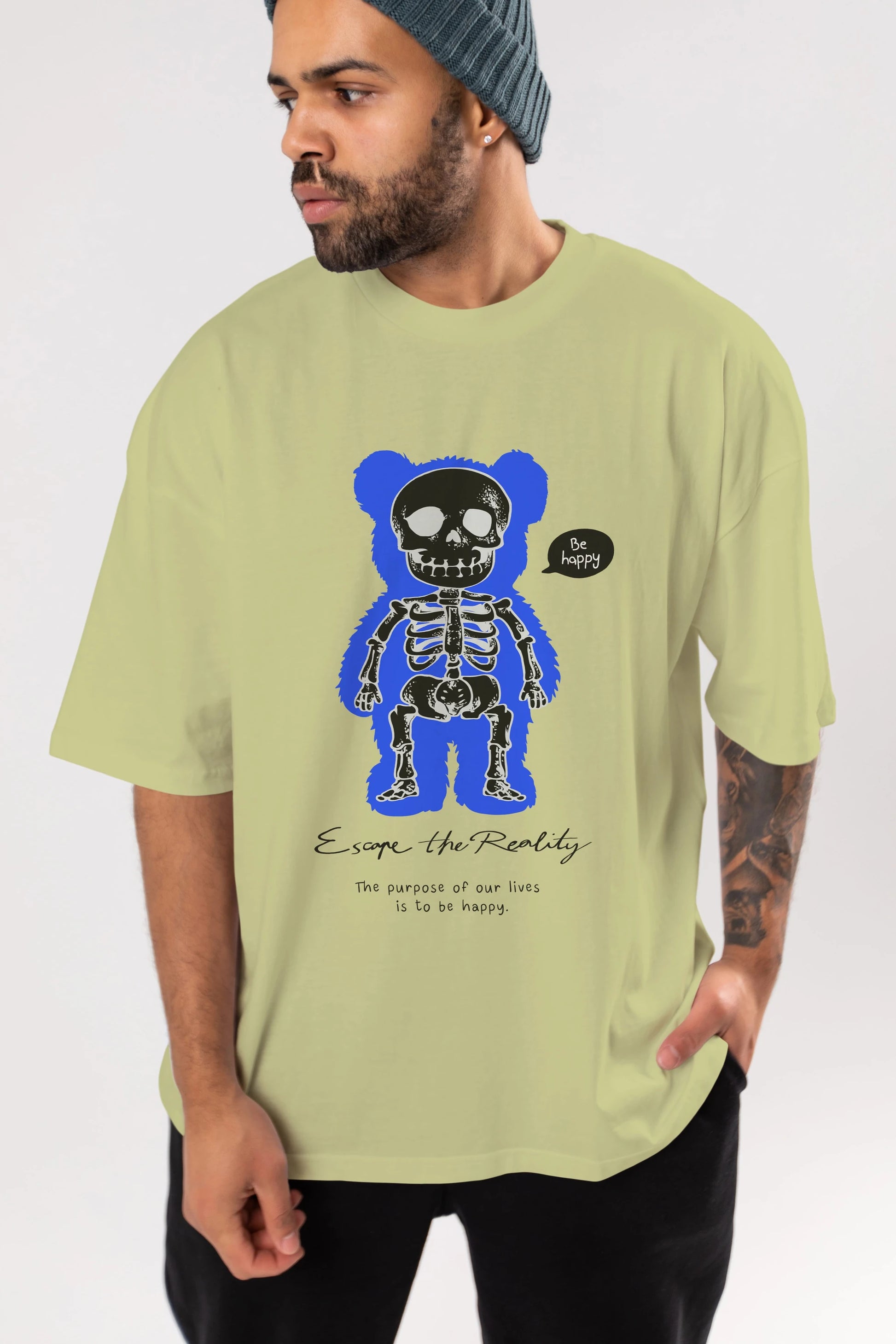 Be Happy Bear Ön Baskılı Oversize t-shirt Erkek Kadın Unisex