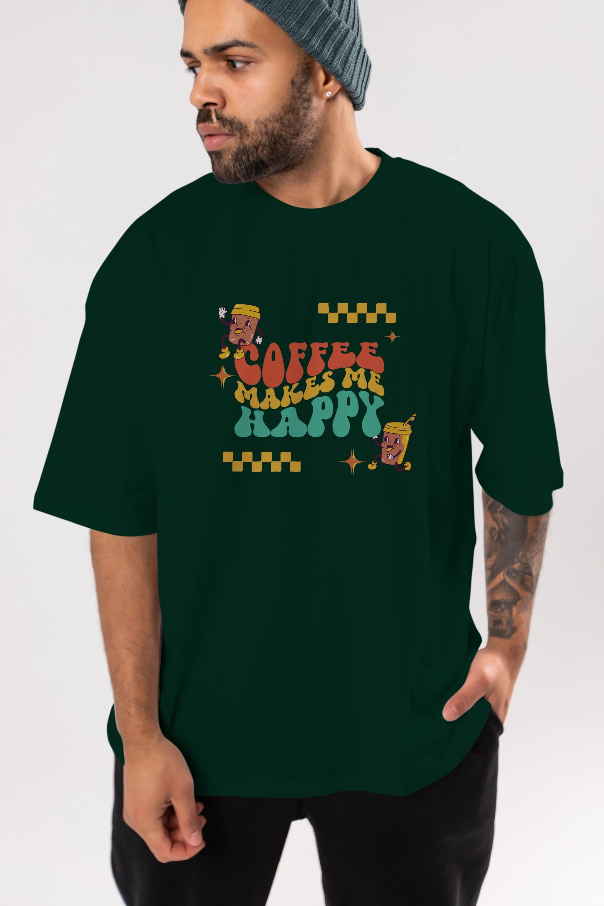 Coffee Makes Me Happy Yazılı Ön Baskılı Oversize t-shirt Erkek Kadın Unisex