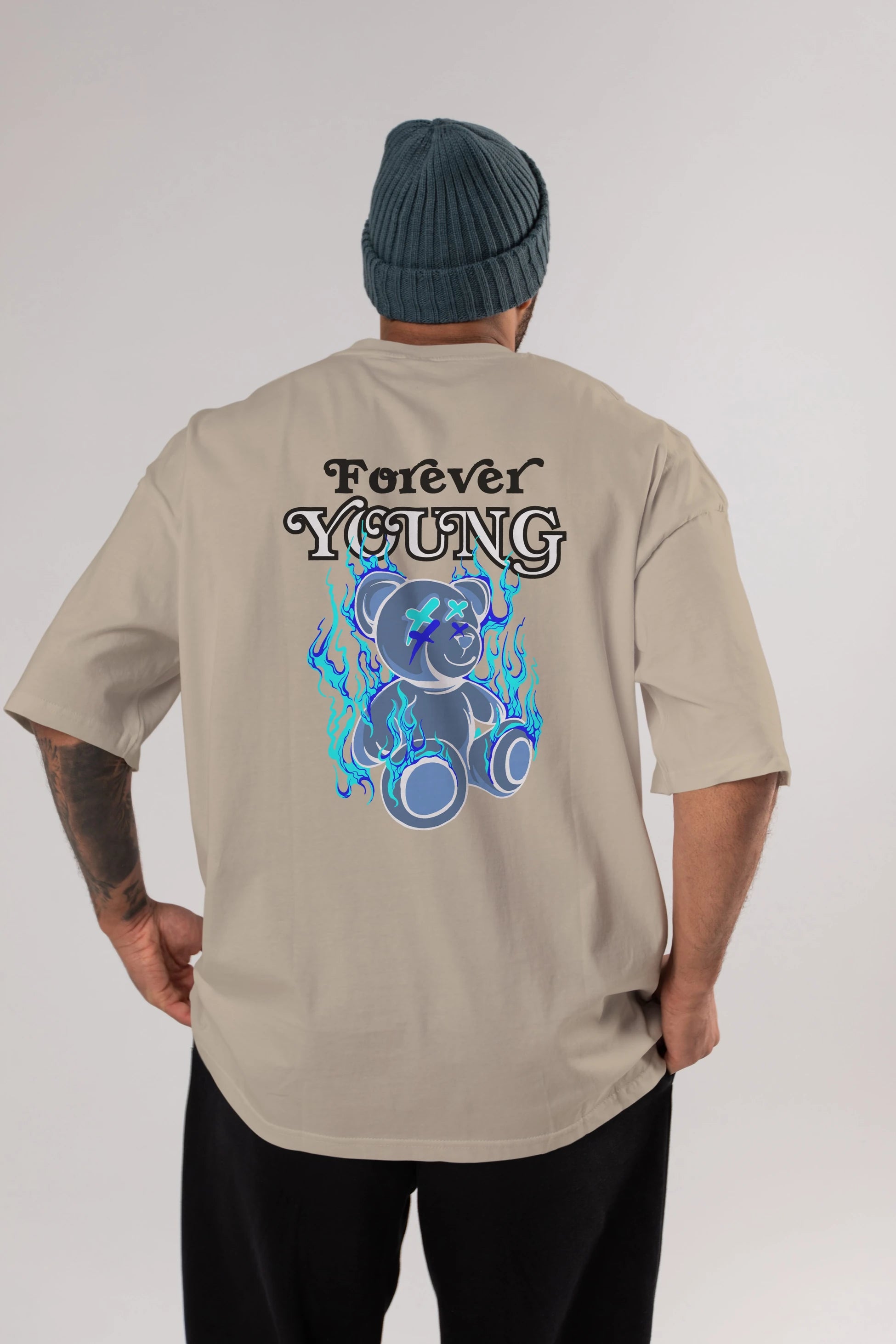 Forever Young Bear Arka Baskılı Oversize t-shirt Erkek Kadın Unisex