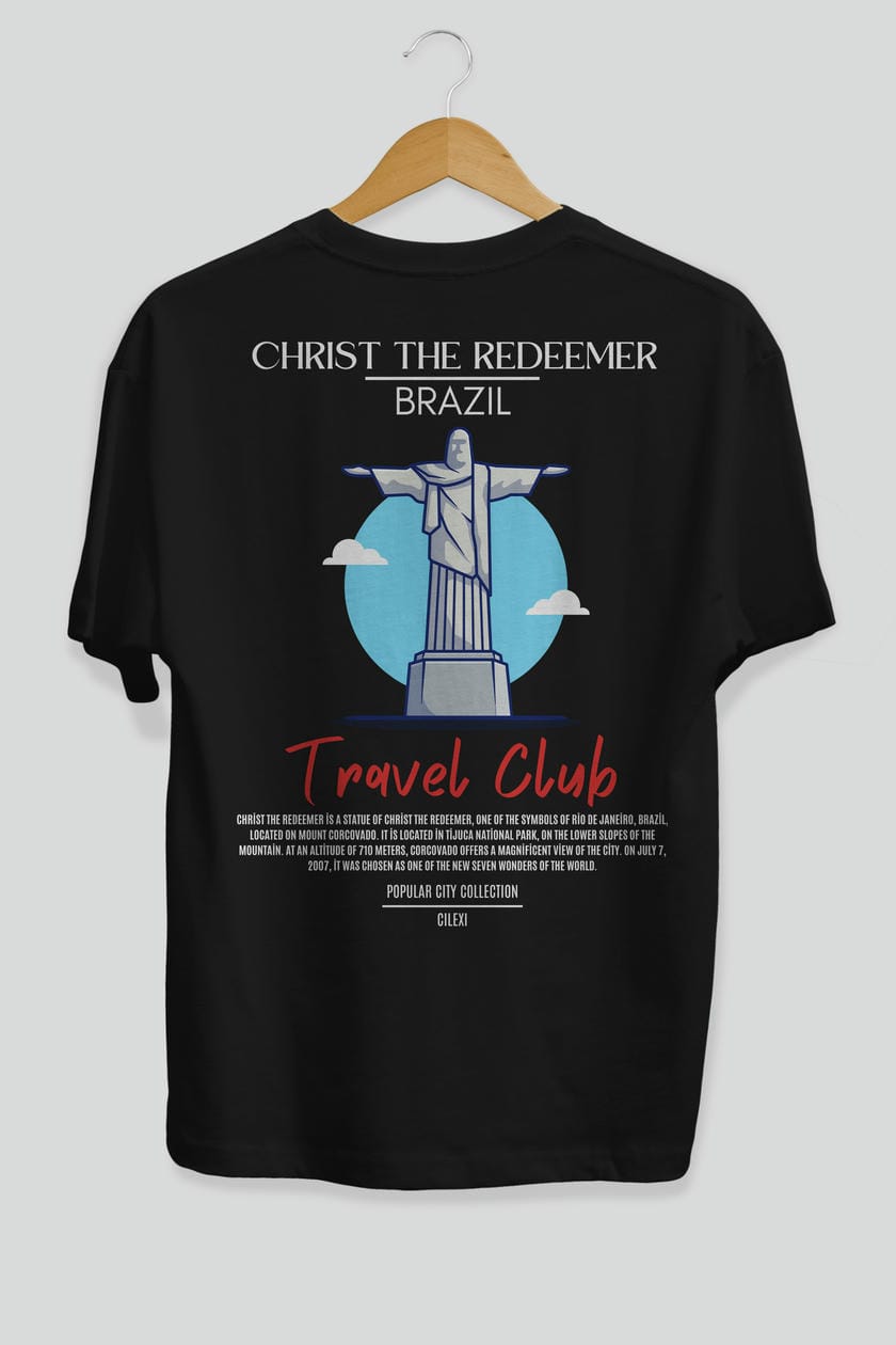 Christ The Redeemer Brazil Arka Baskılı Oversize t-shirt Erkek Kadın Pamuk Bisiklet Yaka tişort
