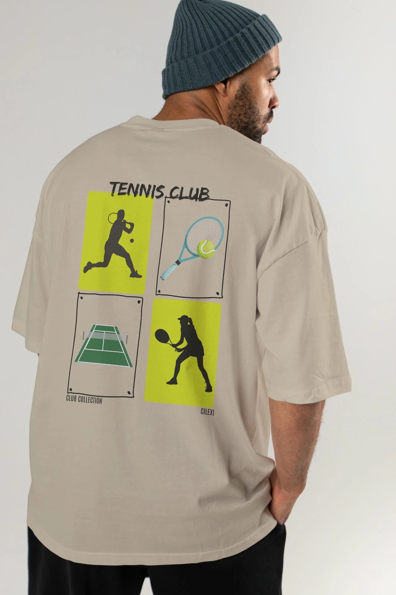 Tennis Club Arka Baskılı Oversize t-shirt Erkek Kadın %100 Pamuk Bisiklet Yaka tişort