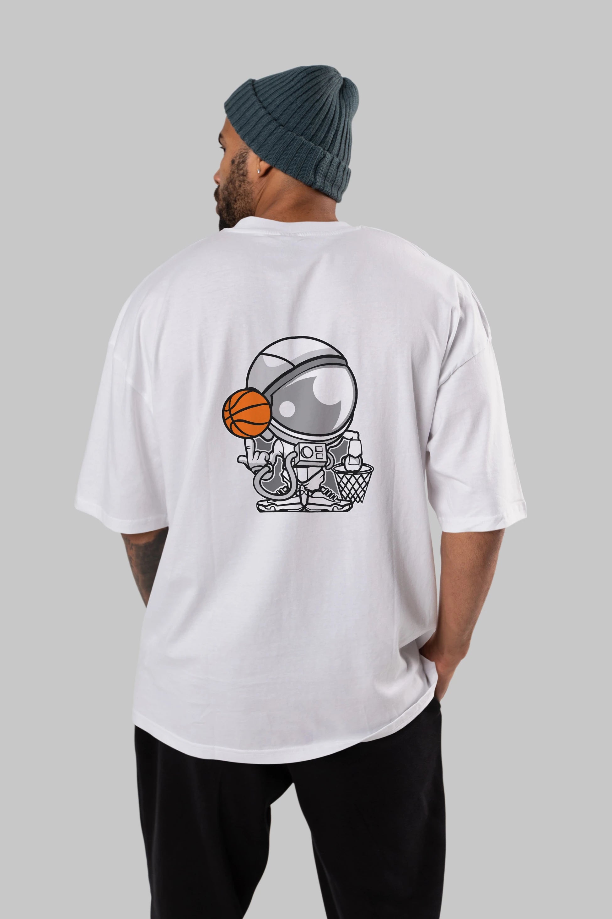 Astronaut Basketball Arka Baskılı Oversize t-shirt Erkek Kadın Unisex %100 Pamuk tişort