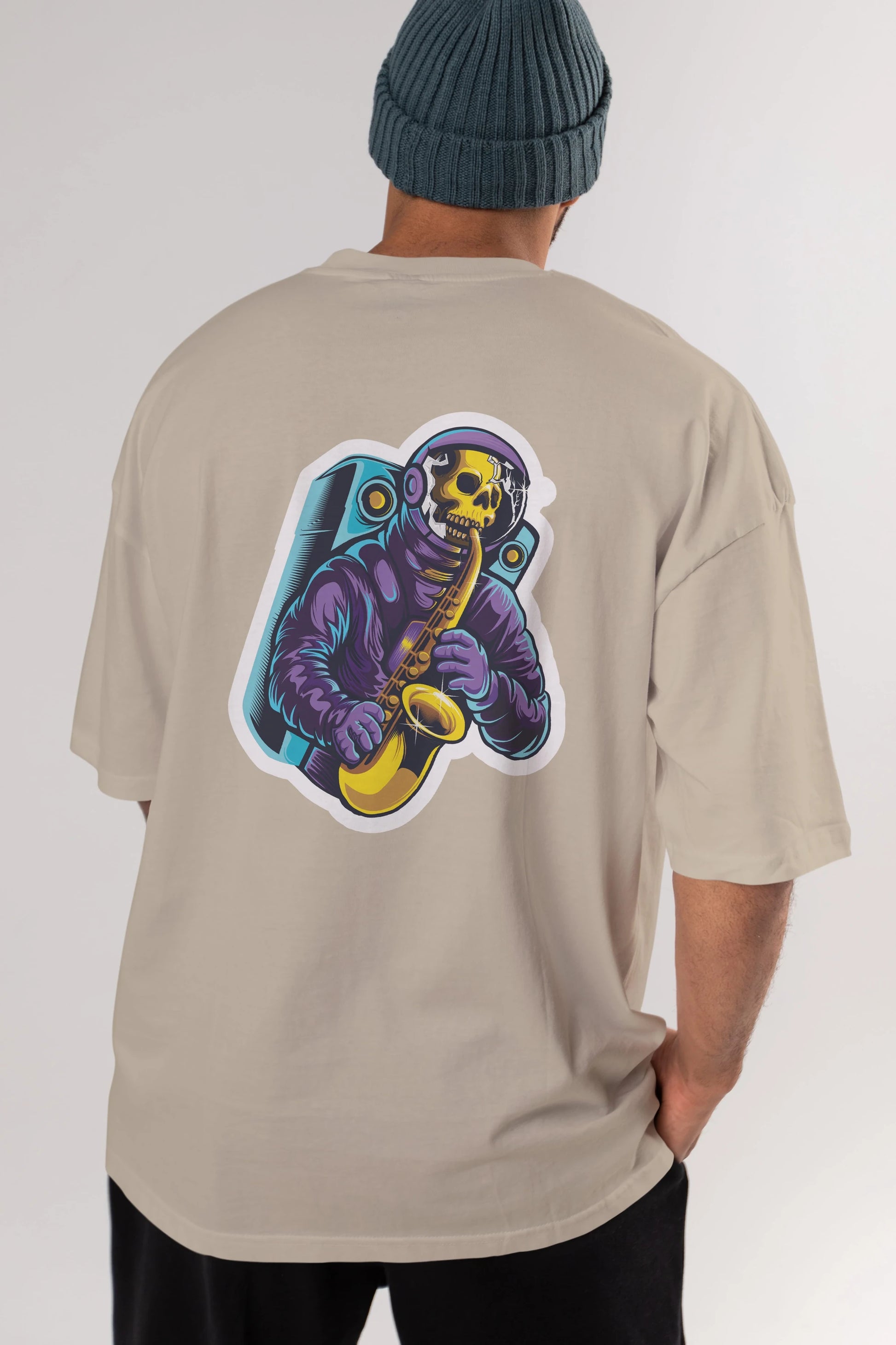 Astroskull Saxophonist Sticker Arka Baskılı Oversize t-shirt Erkek Kadın Unisex