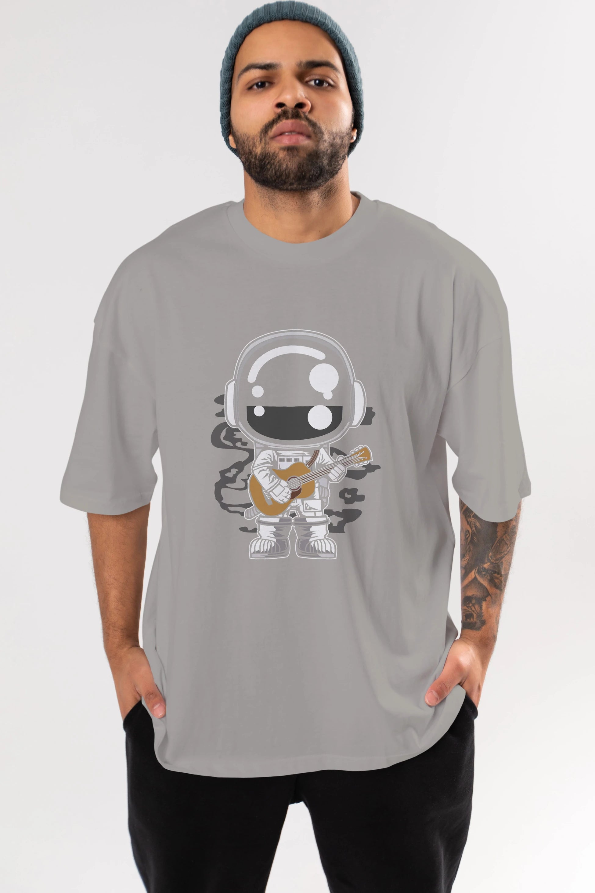 Astronaut Acoustic Guitar Ön Baskılı Oversize t-shirt Erkek Kadın Unisex