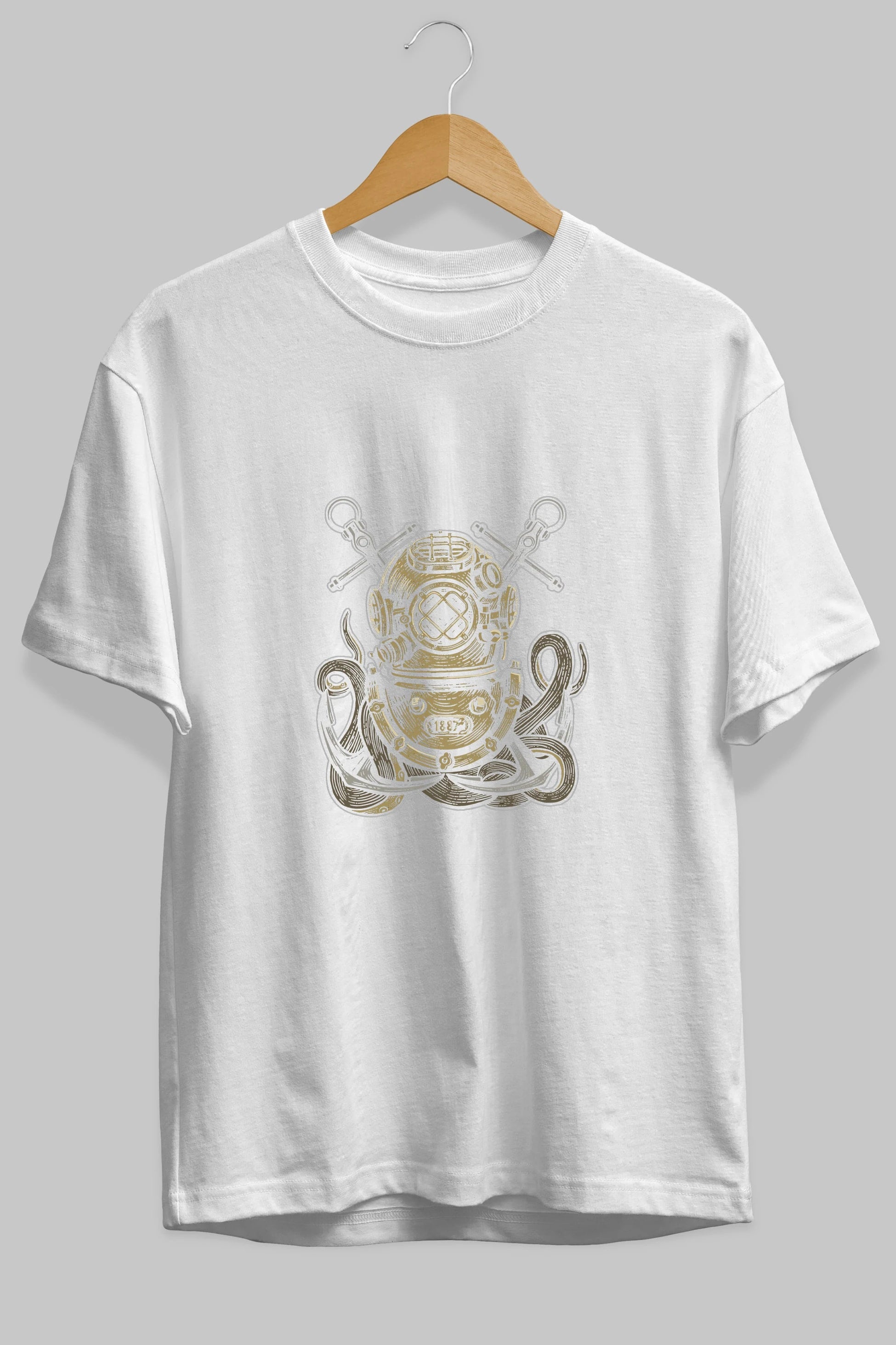 Diver Octopus Ön Baskılı Oversize t-shirt Erkek Kadın Unisex %100 Pamuk tişort