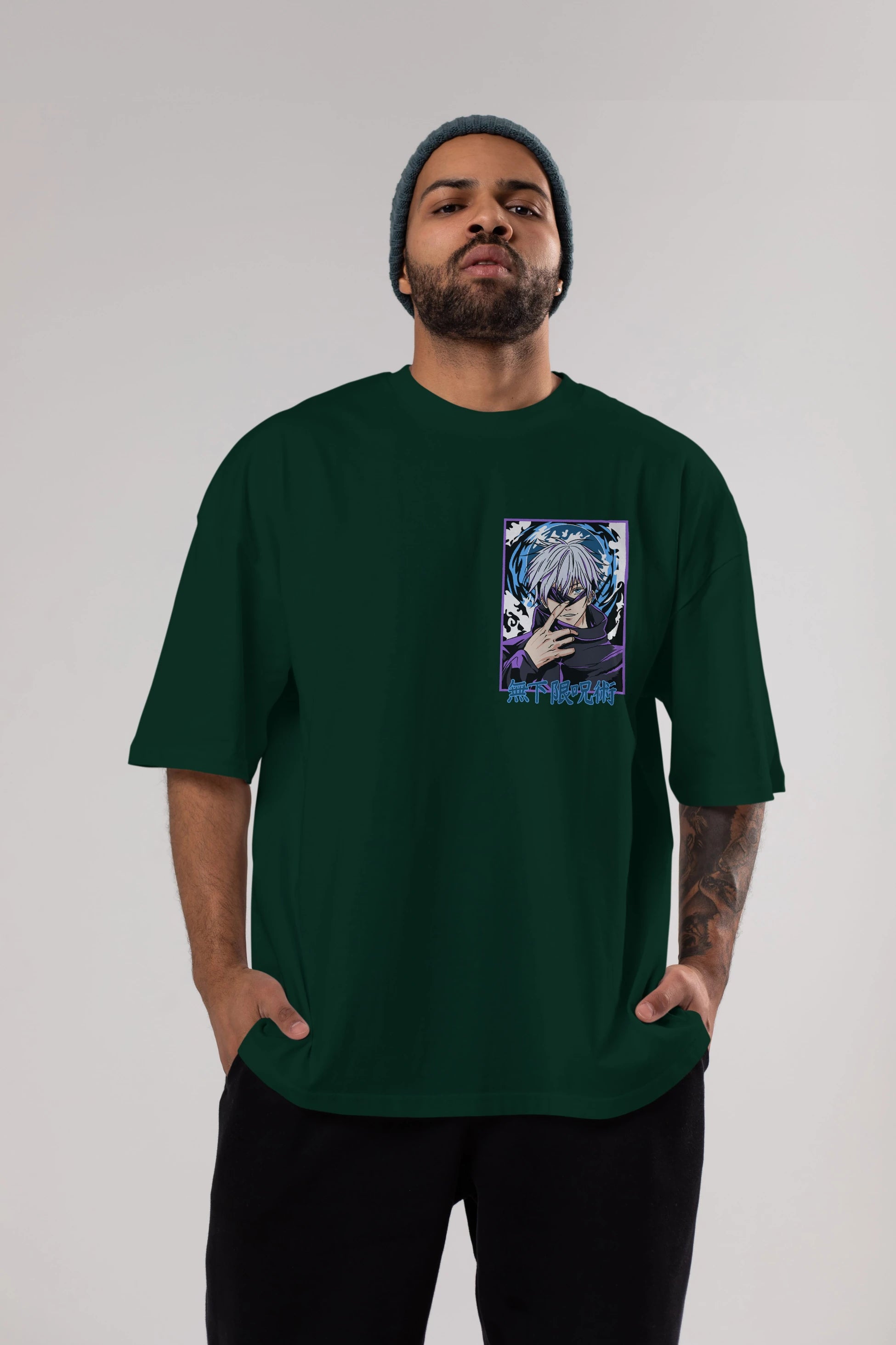 SATORU GOJO 3 Ön Sol Baskılı Oversize t-shirt Erkek Kadın Unisex %100 Pamuk Bisiklet Yaka tişort