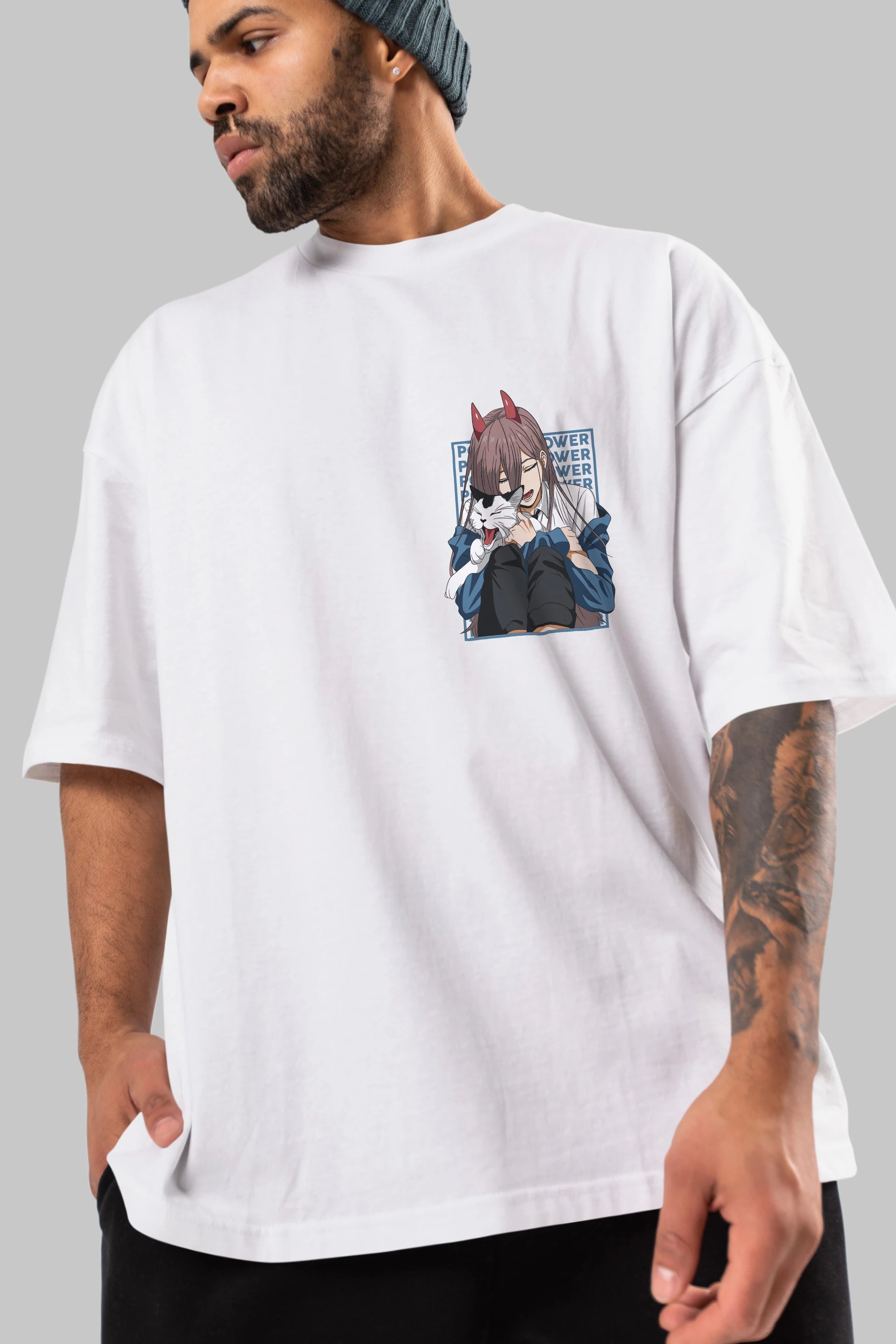 POWER CHAINSAWMAN Ön Sol Baskılı Oversize t-shirt Erkek Kadın Unisex %100 Pamuk Bisiklet Yaka tişort