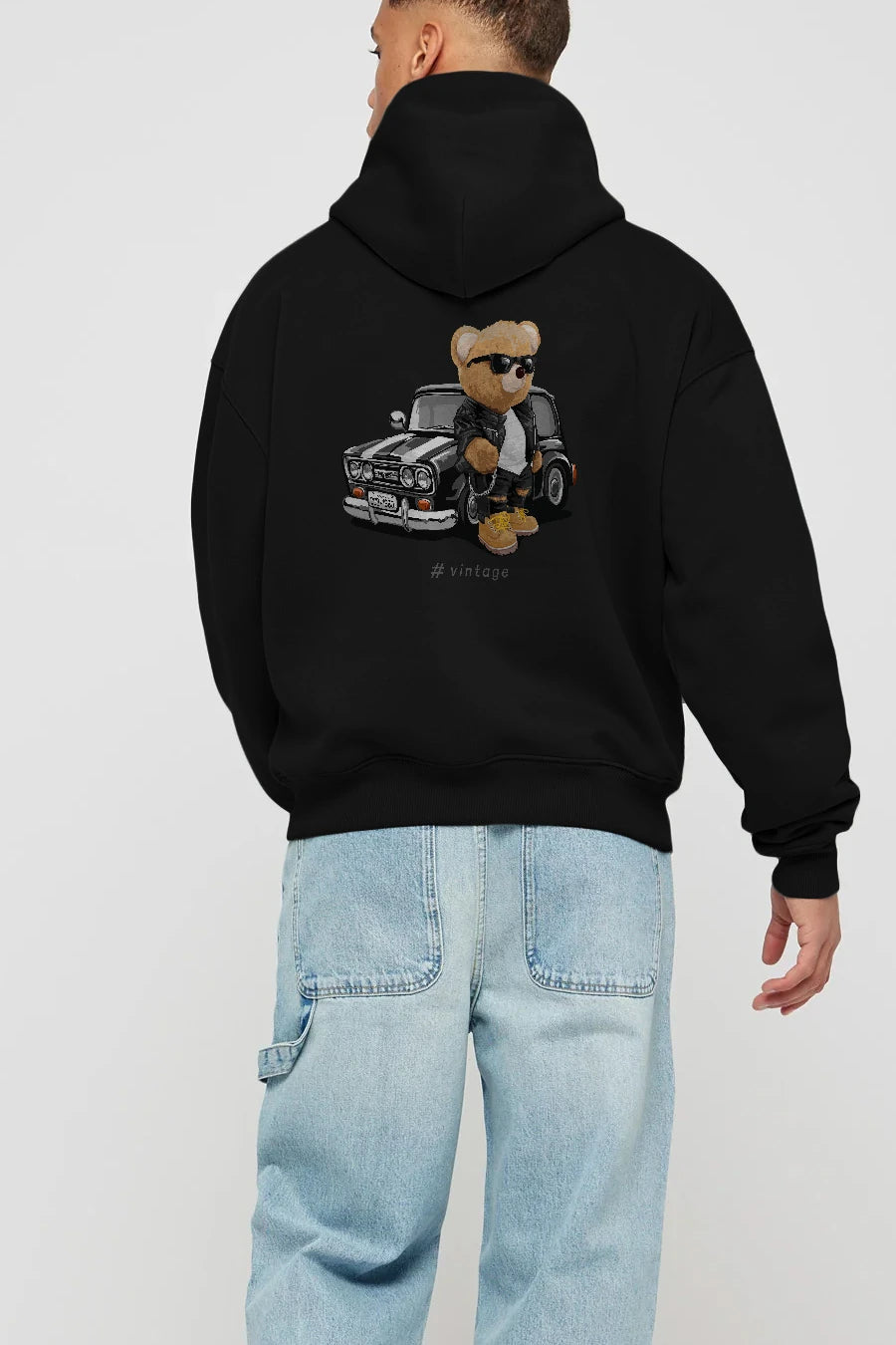 Teddy Bear Vintage Arka Baskılı Hoodie Oversize Kapüşonlu Sweatshirt Erkek Kadın Unisex