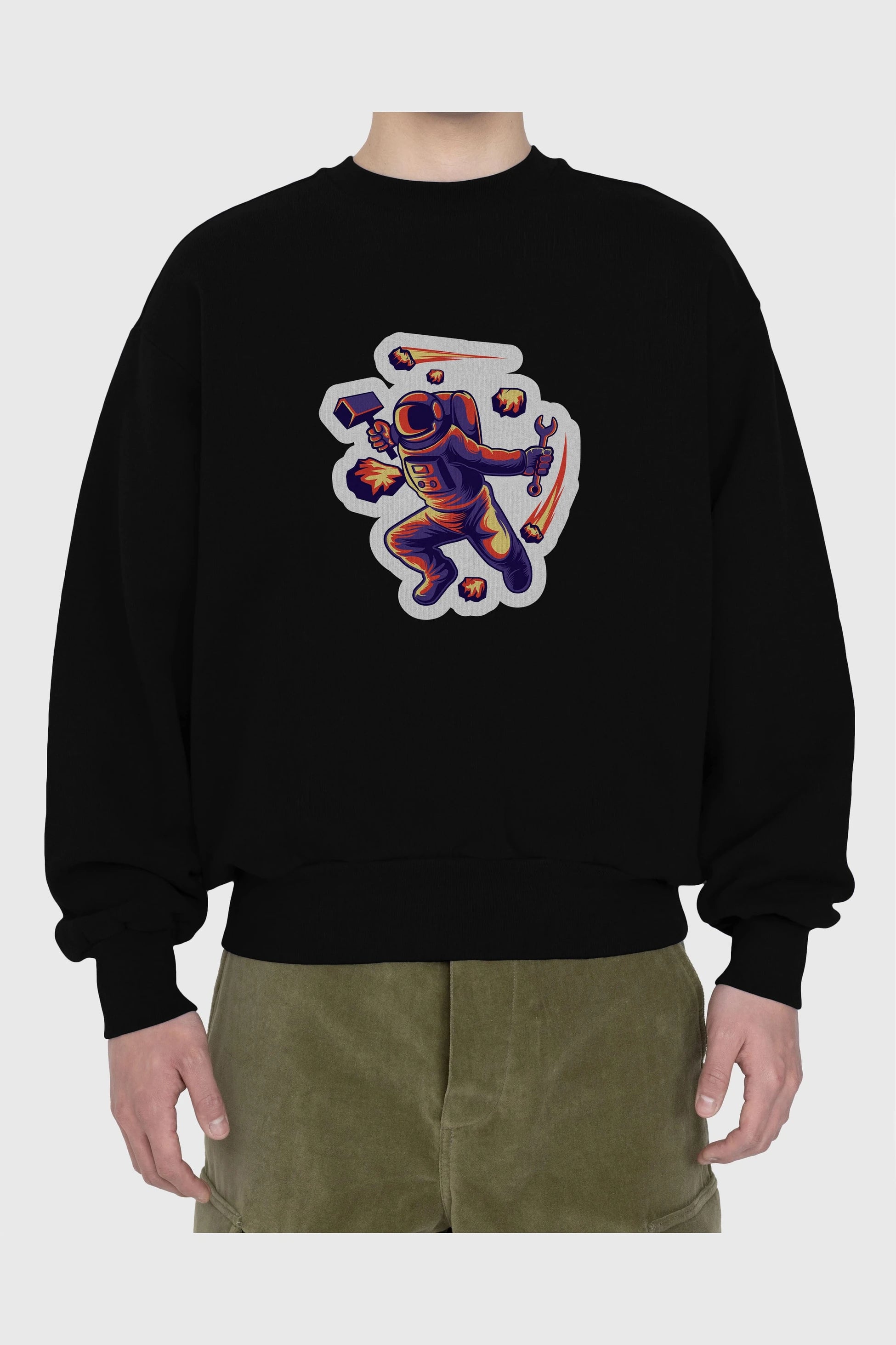 Astronaut Block Meteor Sticker Ön Baskılı Oversize Sweatshirt Erkek Kadın Unisex
