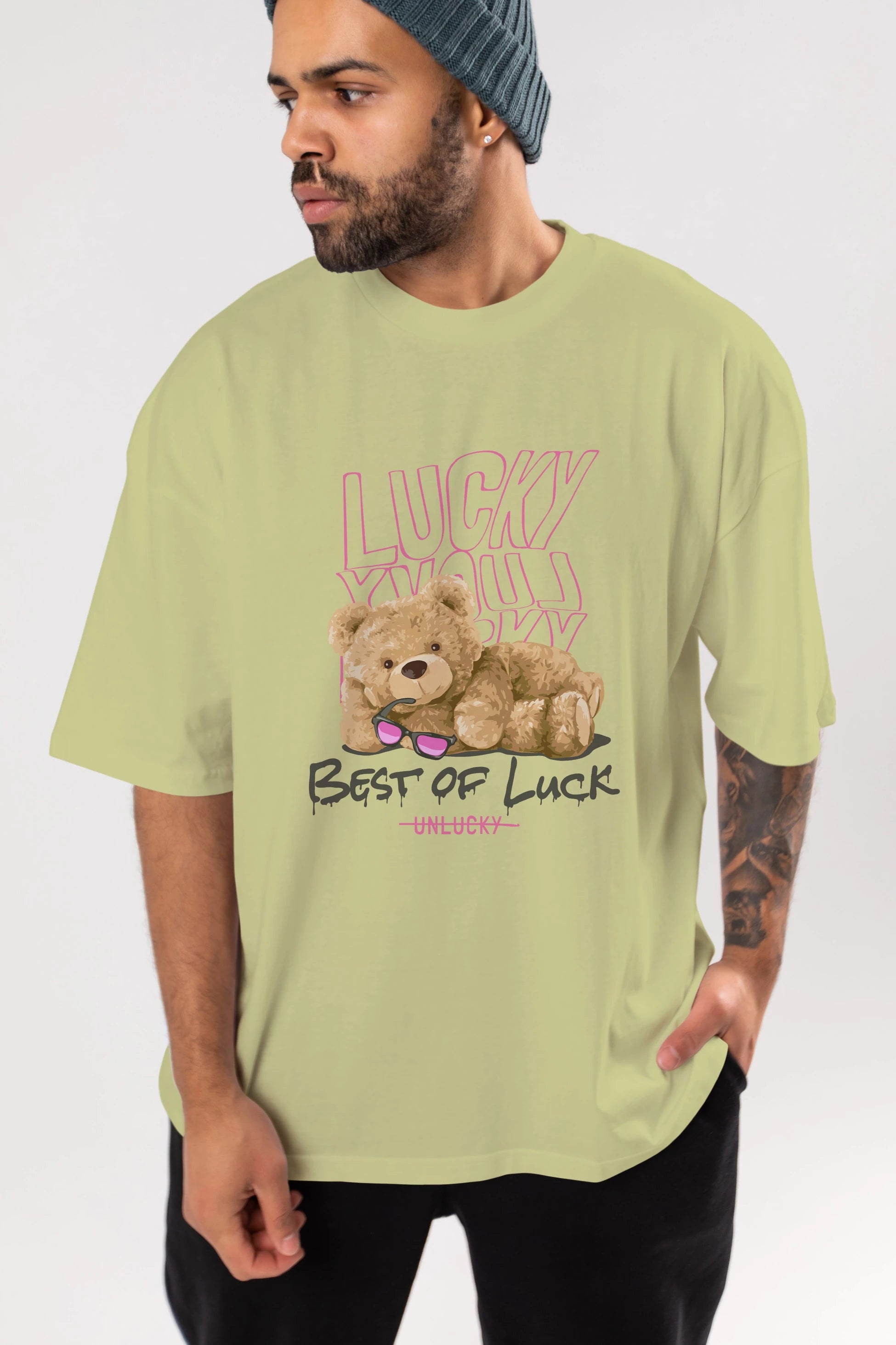 Best of Lucky Bear Ön Baskılı Oversize t-shirt Erkek Kadın Unisex