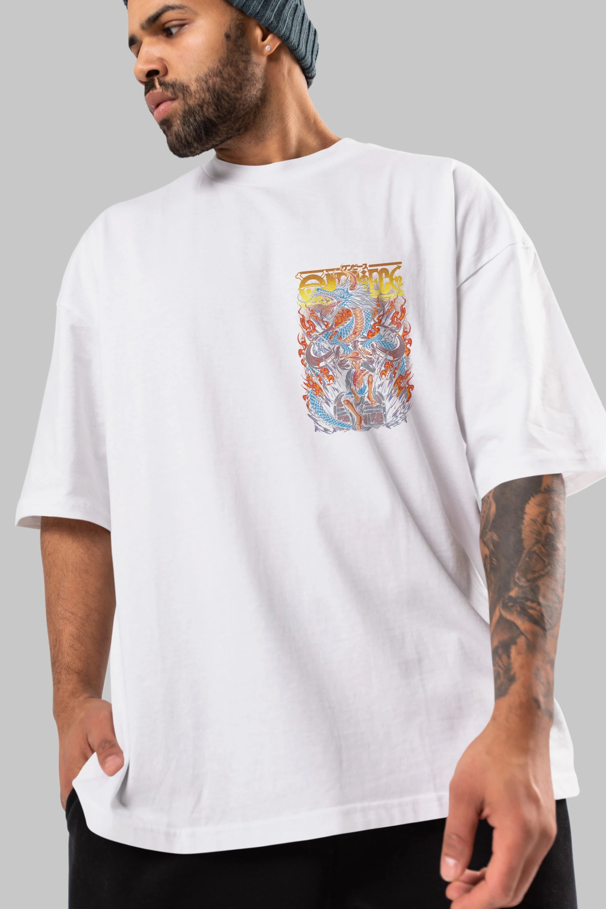 MONKEY D. LUFF-ONE PIECE Ön Sol Baskılı Oversize t-shirt Erkek Kadın Unisex %100 Pamuk Bisiklet Yaka tişort
