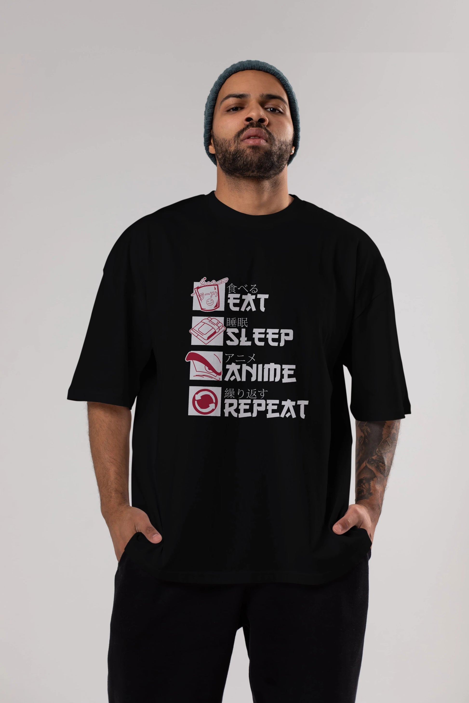 Eat, Sleep, Anime, Repeat Anime Ön Baskılı Oversize t-shirt %100 pamuk Erkek Kadın Unisex