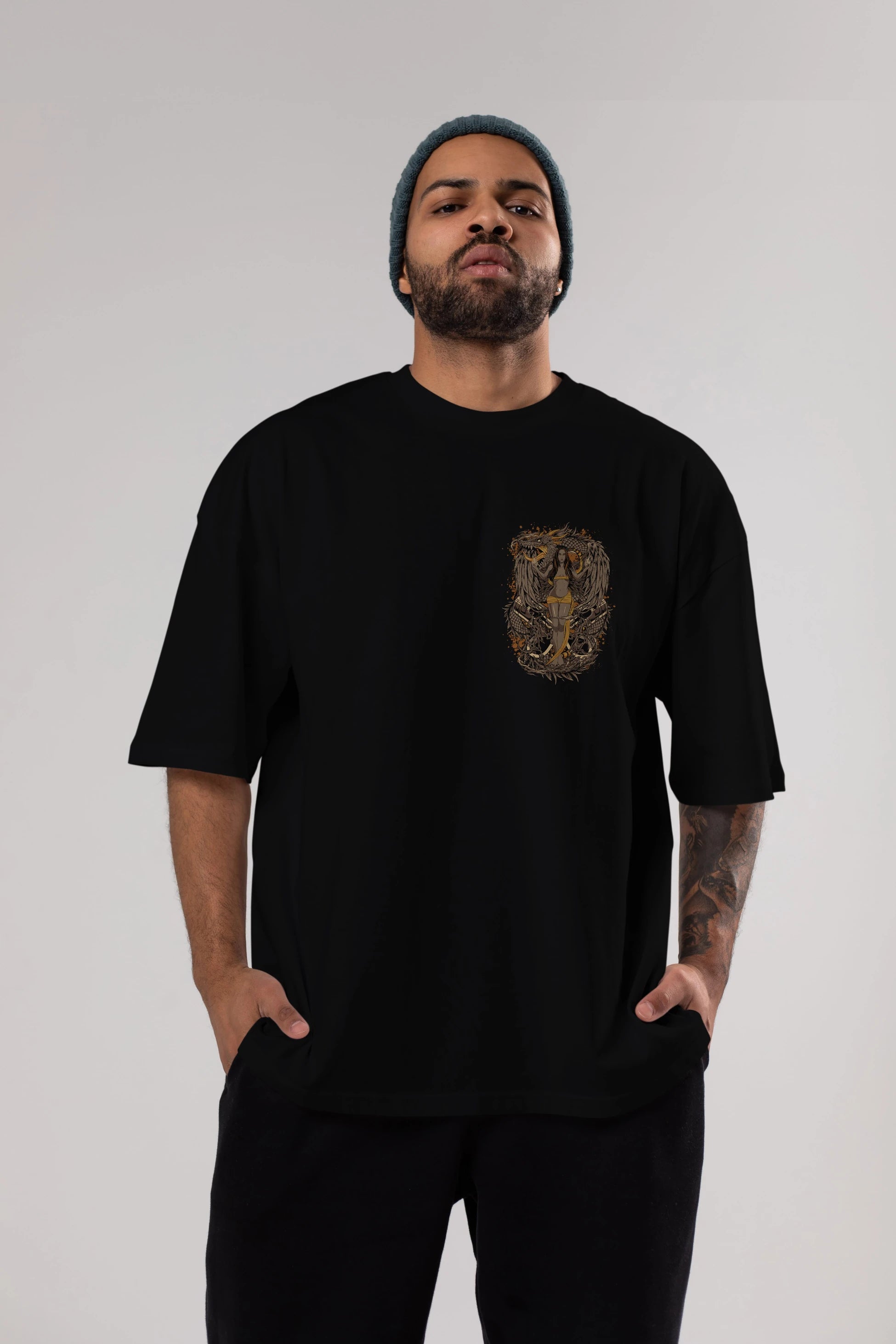 TRIBAL (3) Ön Sol Baskılı Oversize t-shirt Erkek Kadın Unisex %100 Pamuk Bisiklet Yaka tişort