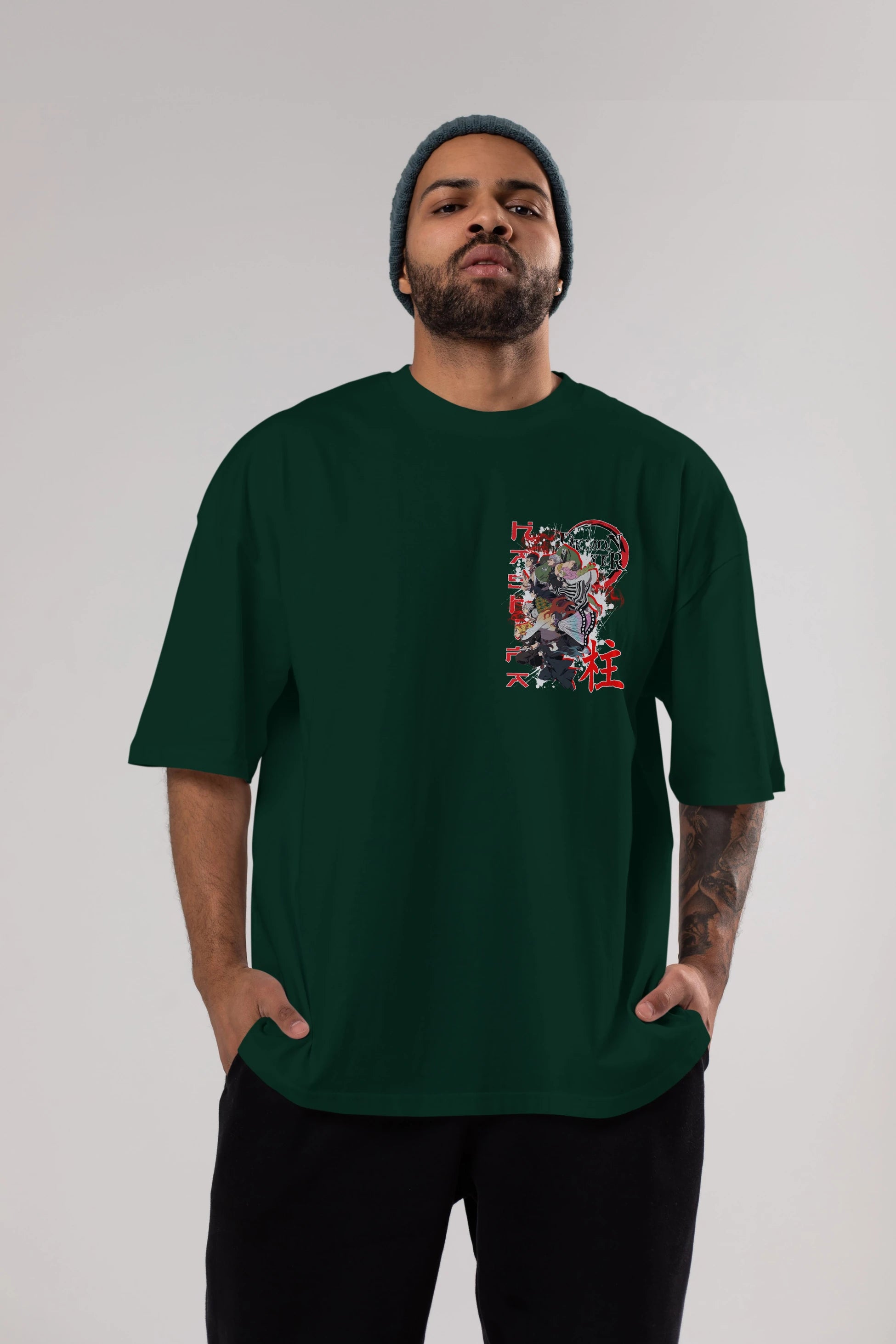DEMON SLAYER SLAYERS Ön Sol Baskılı Oversize t-shirt Erkek Kadın Unisex %100 Pamuk Bisiklet Yaka tişort