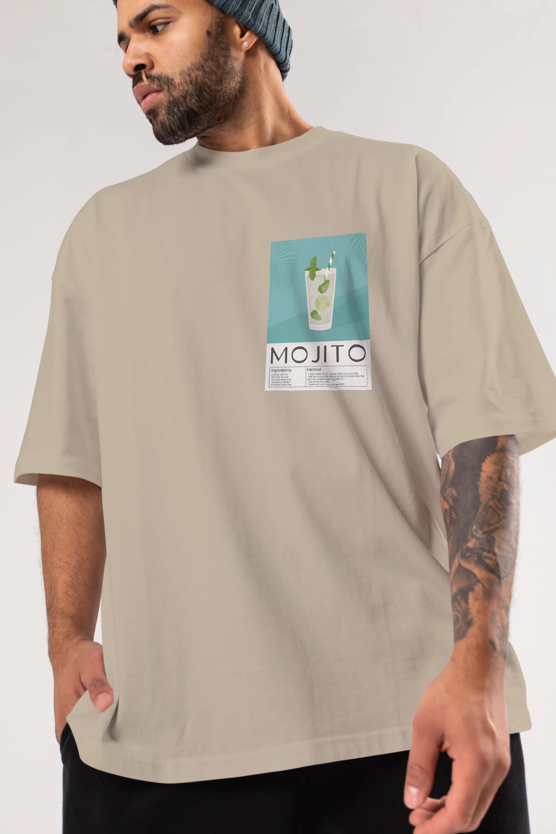 Mojito 4 Ön Sol Baskılı Oversize t-shirt Erkek Kadın Unisex %100 Pamuk Bisiklet Yaka tişort