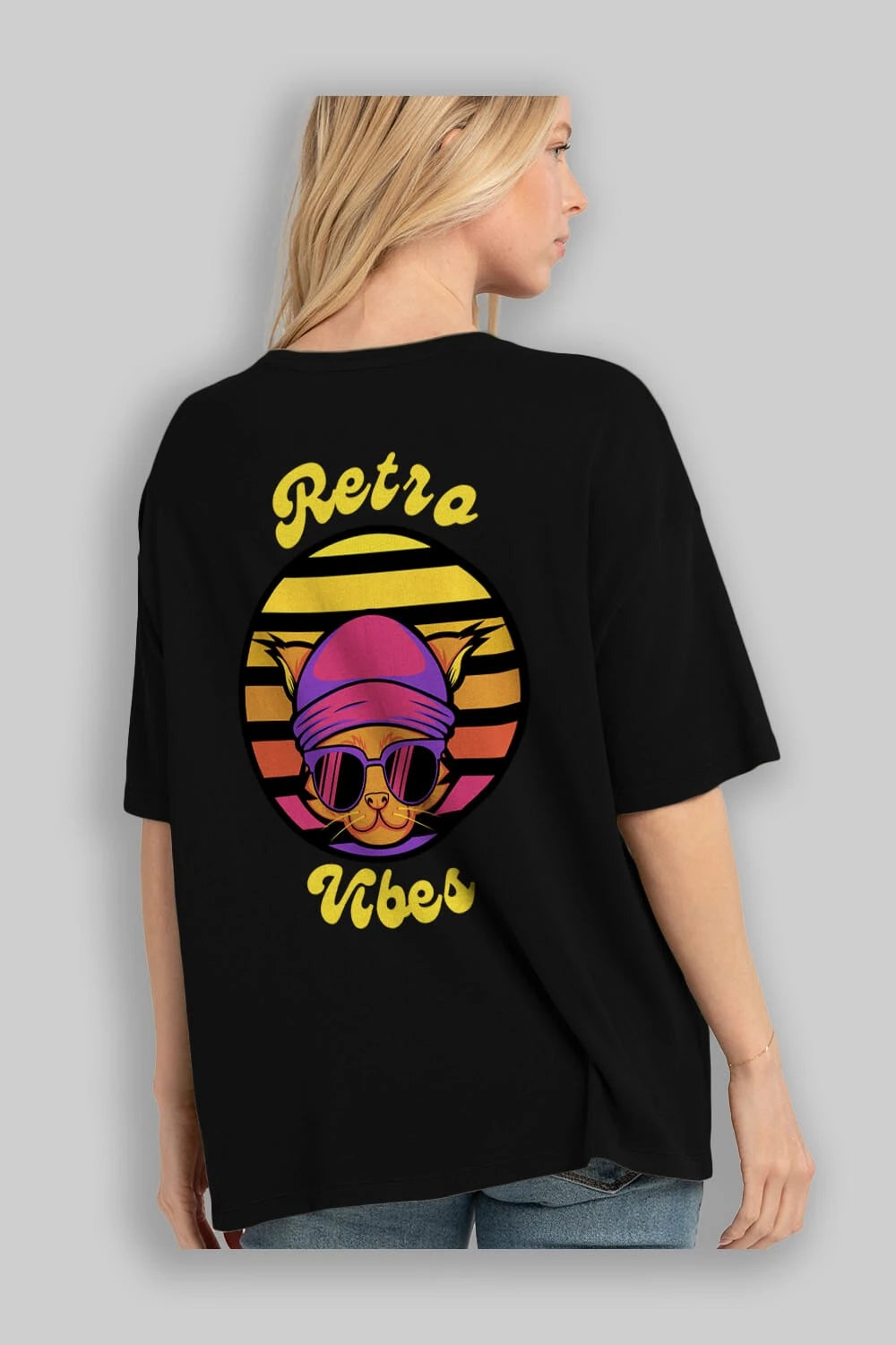 Cat Retro Vibes Arka Baskılı Oversize t-shirt Erkek Kadın Unisex