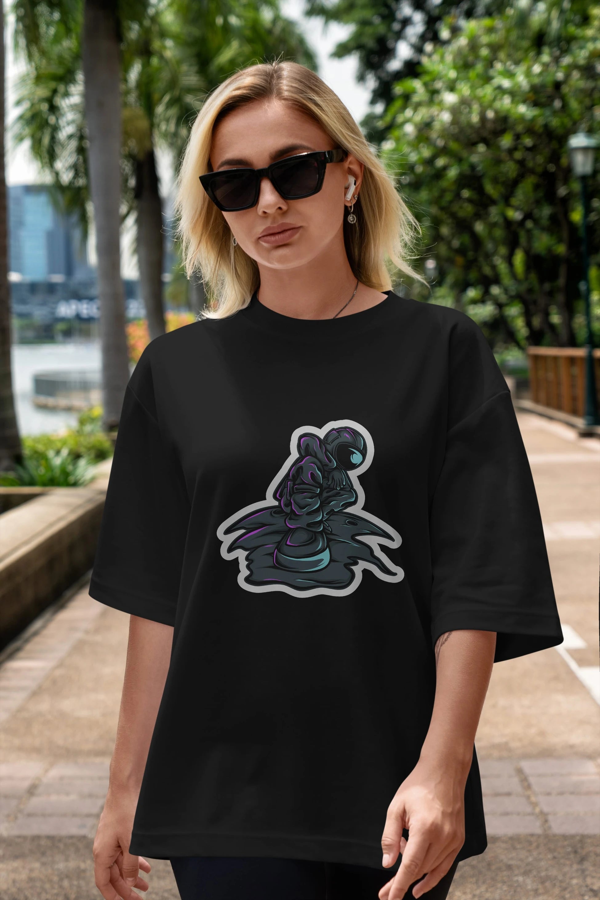 Stylish Astronaut Sticker Ön Baskılı Oversize t-shirt Erkek Kadın Unisex