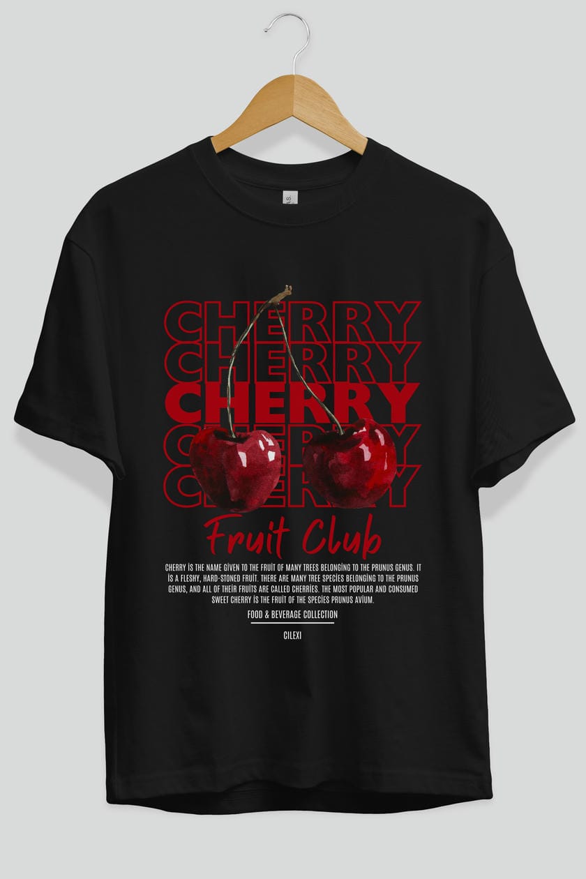 Cherry Ön Baskılı Oversize t-shirt Erkek Kadın Pamuk Bisiklet Yaka tişort